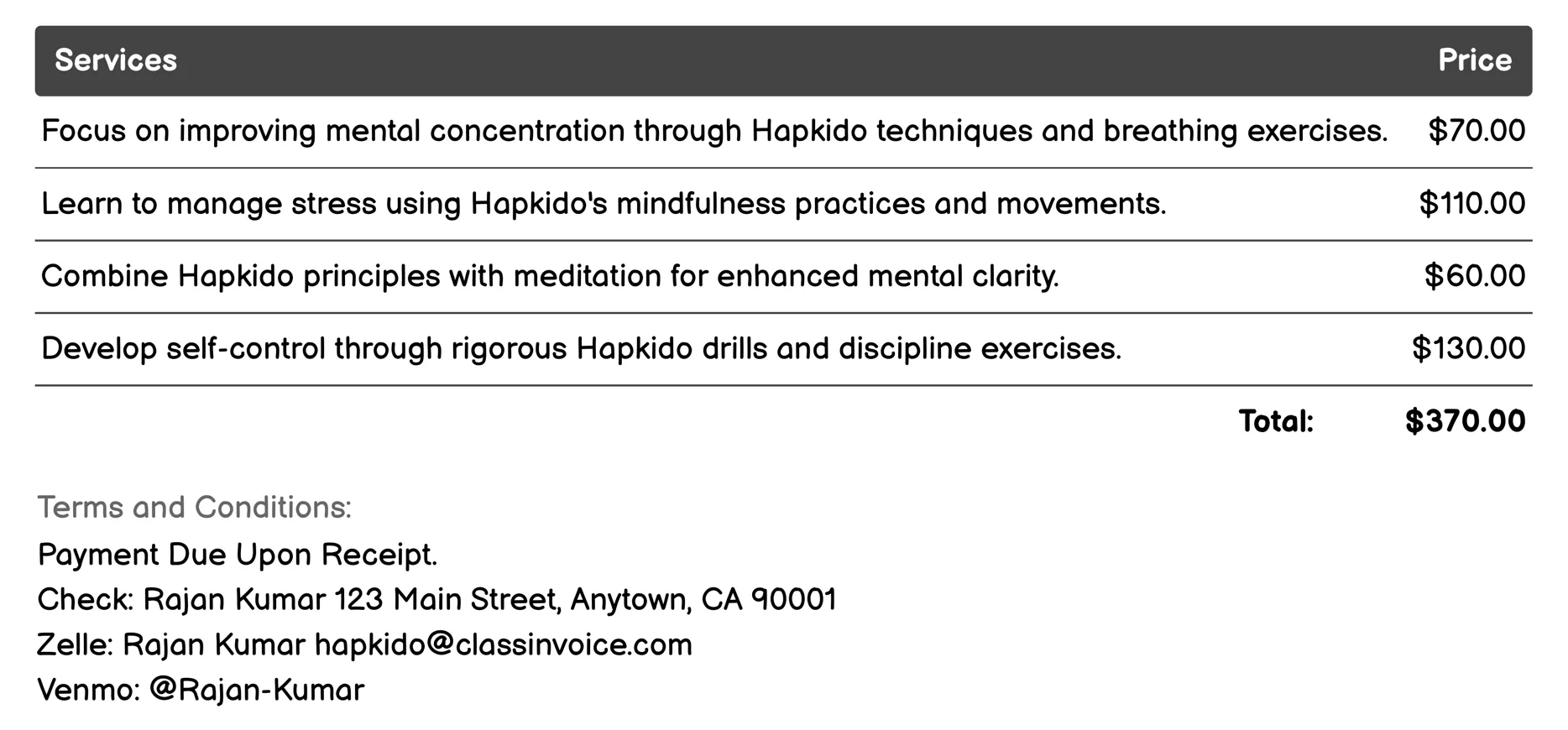 Mental Discipline Training Invoice Example