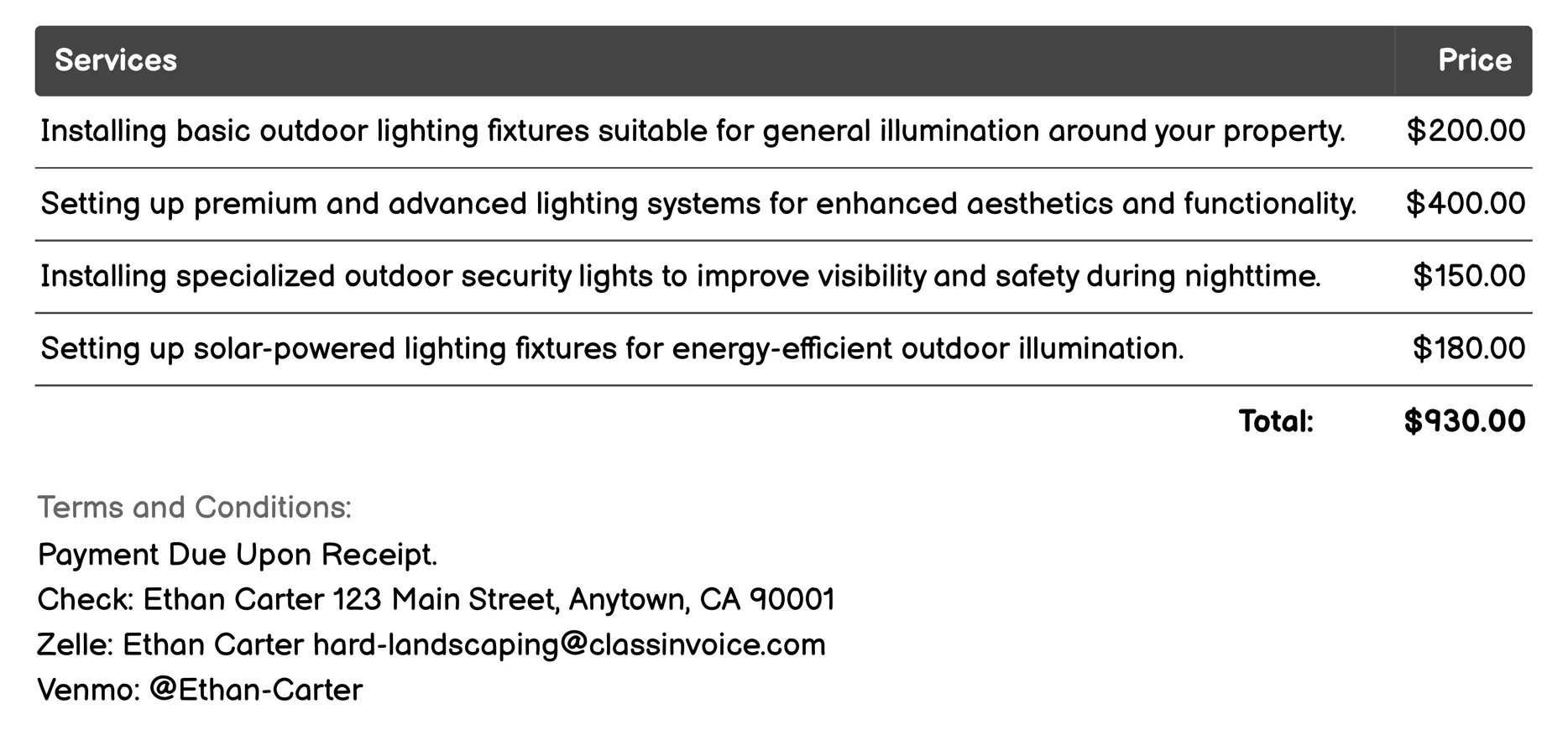 Outdoor Lighting Fixtures Invoice Example