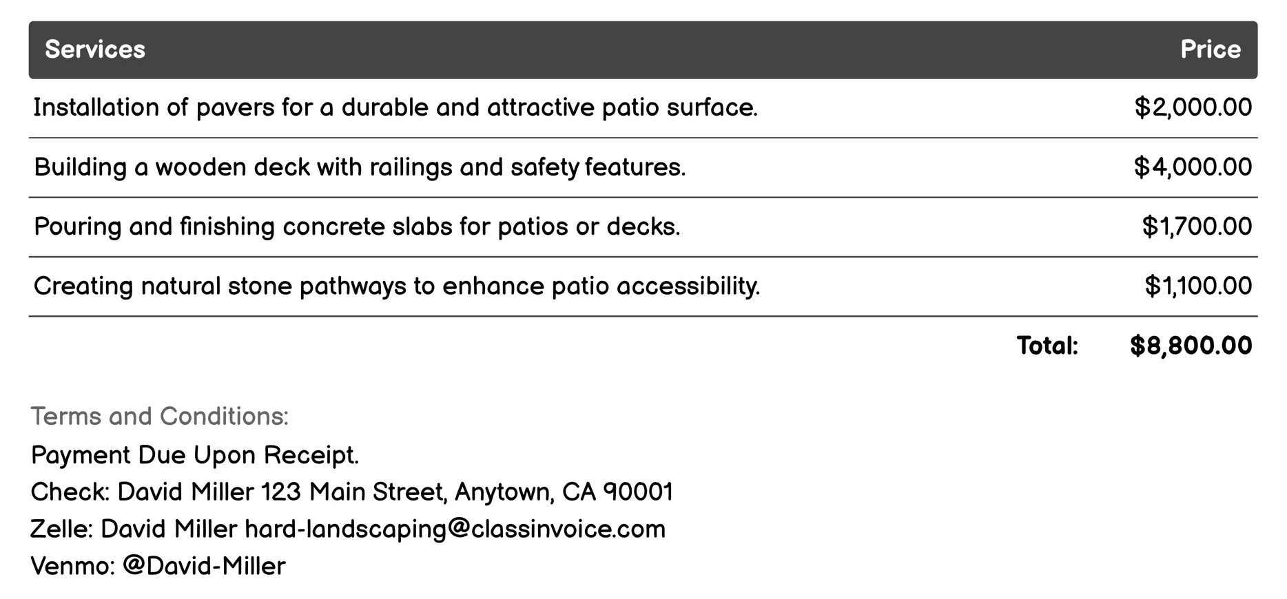 Patios and Decks Invoice Example