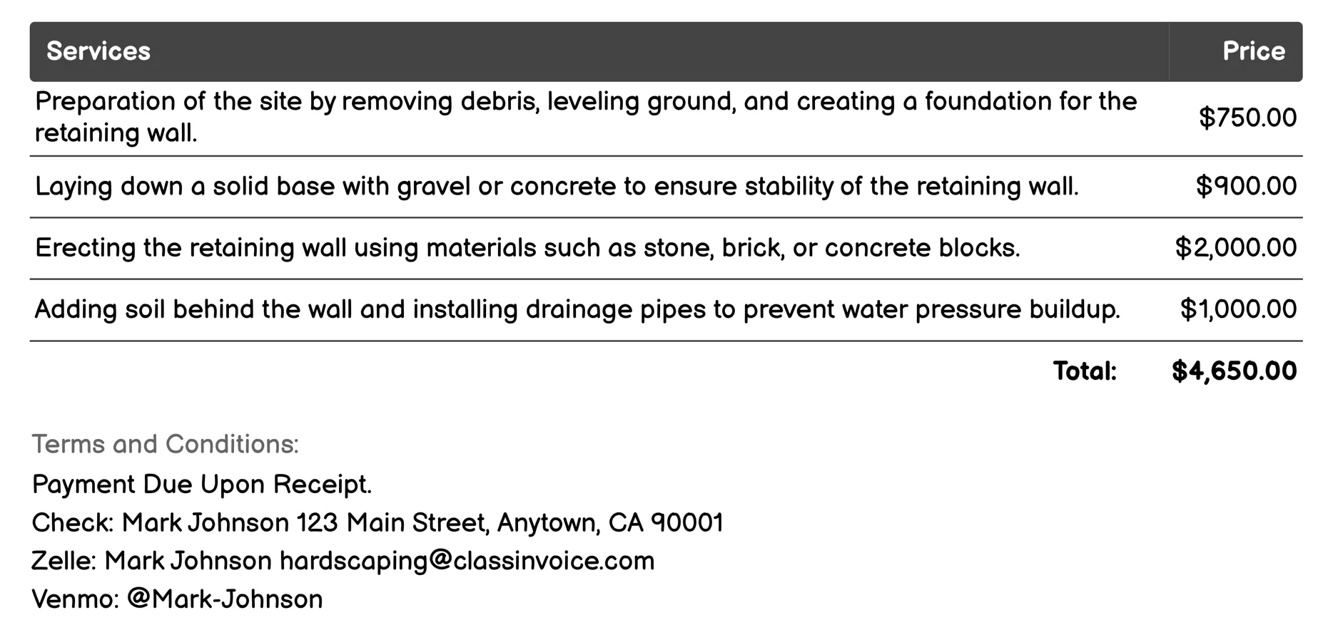 Retaining Walls Invoice Example