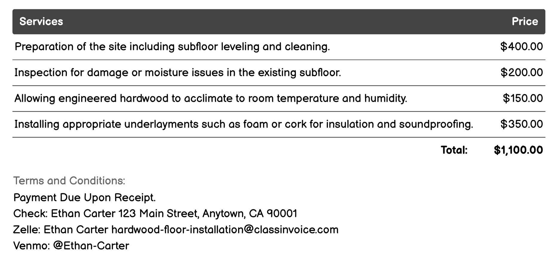 Engineered Hardwood Flooring Invoice Example