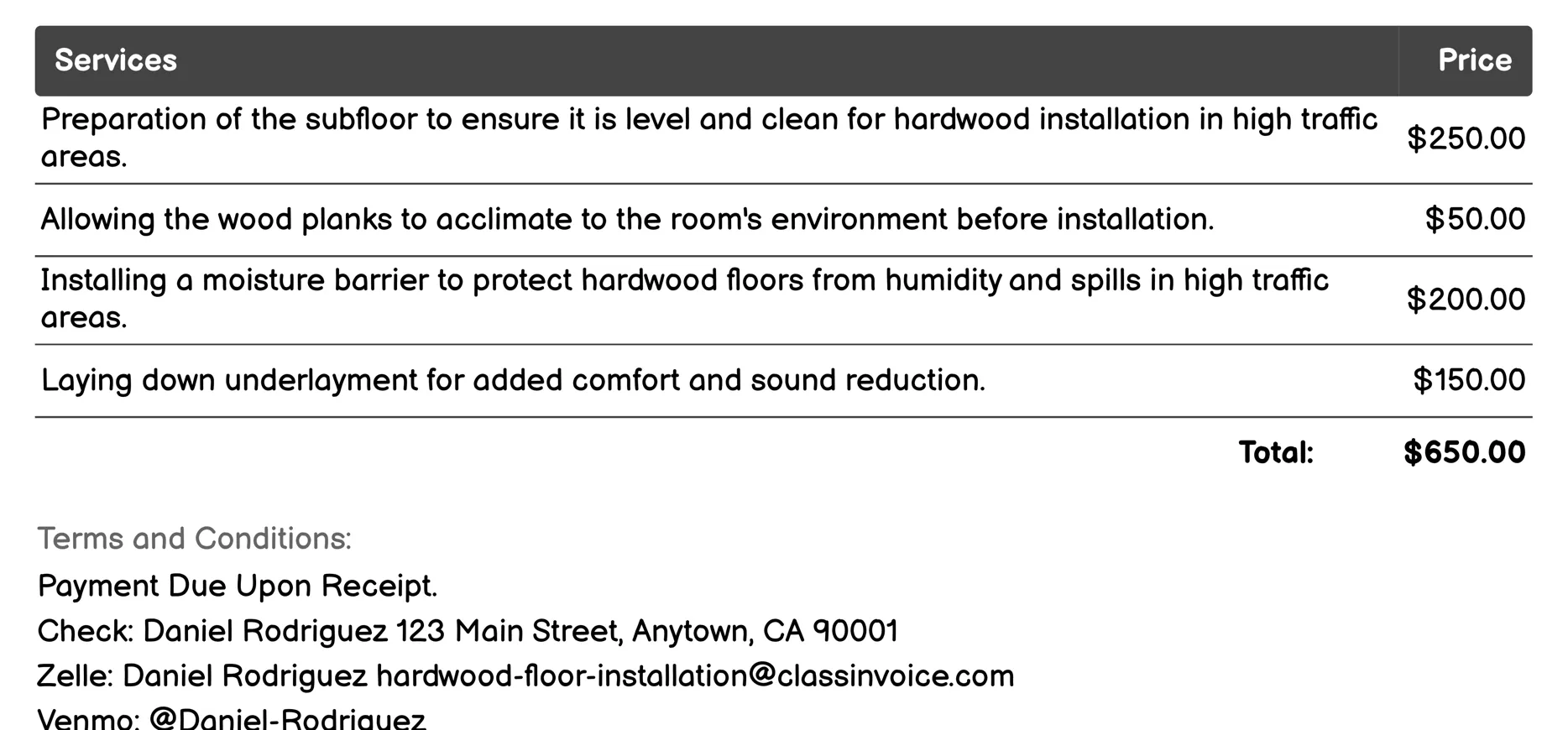 Hardwood Floor Installation in High Traffic Areas Invoice Example