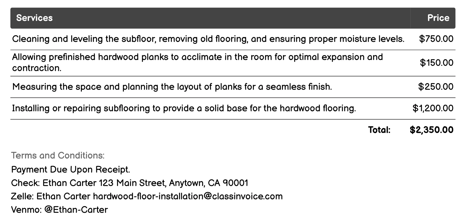 Prefinished Hardwood Flooring Invoice Example