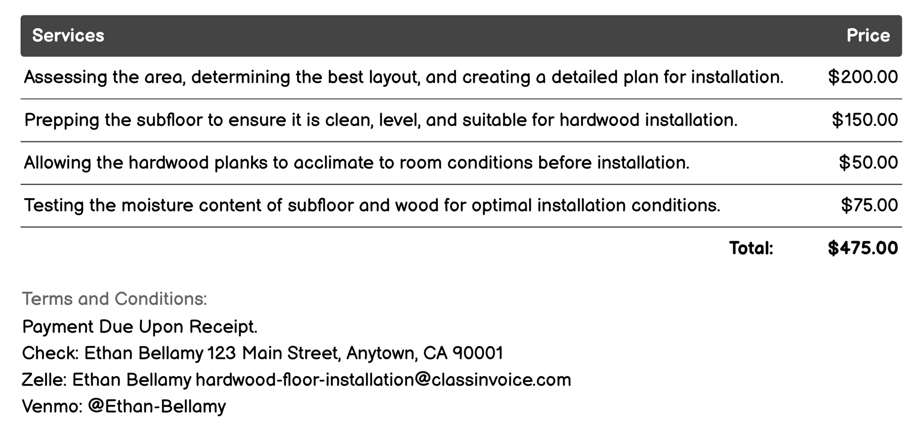 Solid Hardwood Flooring Invoice Example