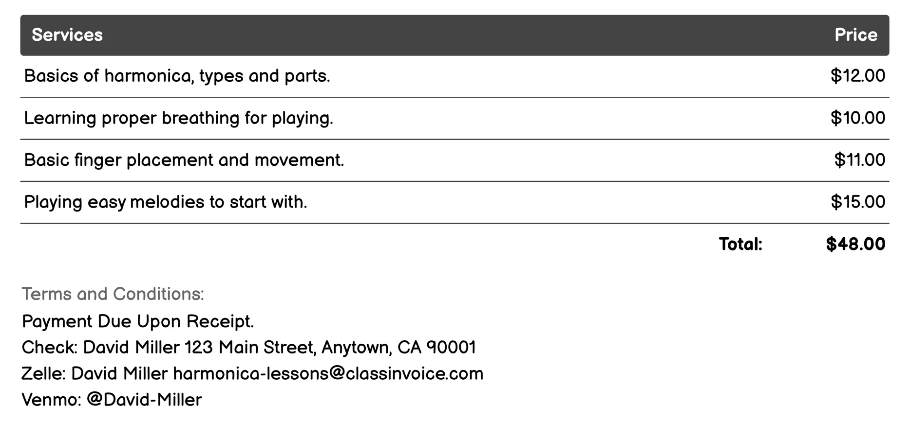 Beginner Harmonica Courses Invoice Example