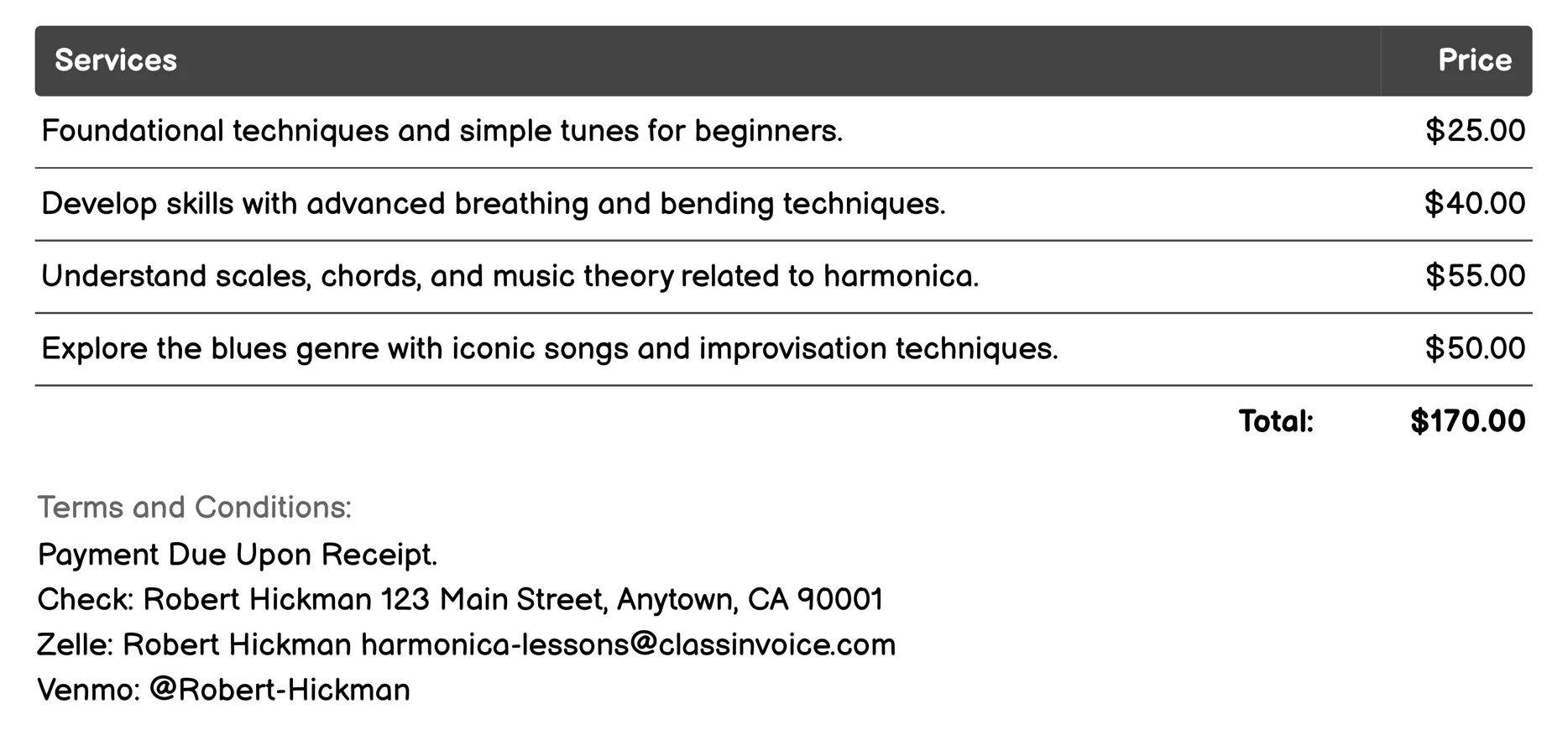 Harmonica Masterclasses Invoice Example