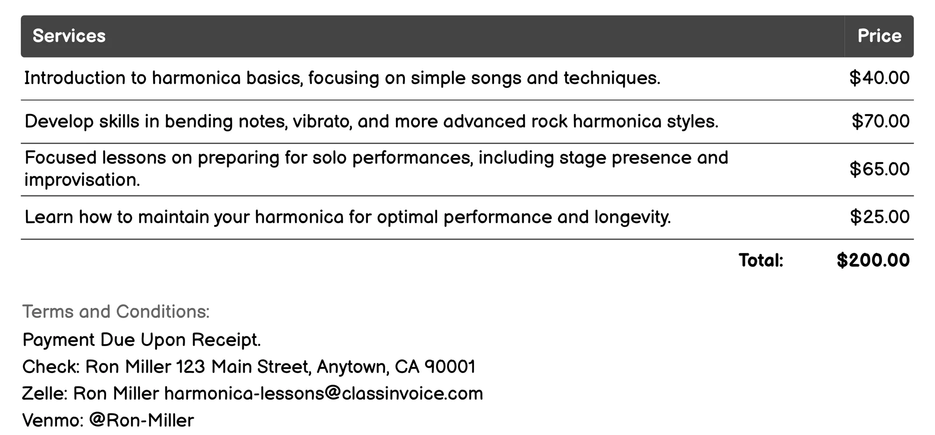 Rock Harmonica Classes Invoice Example