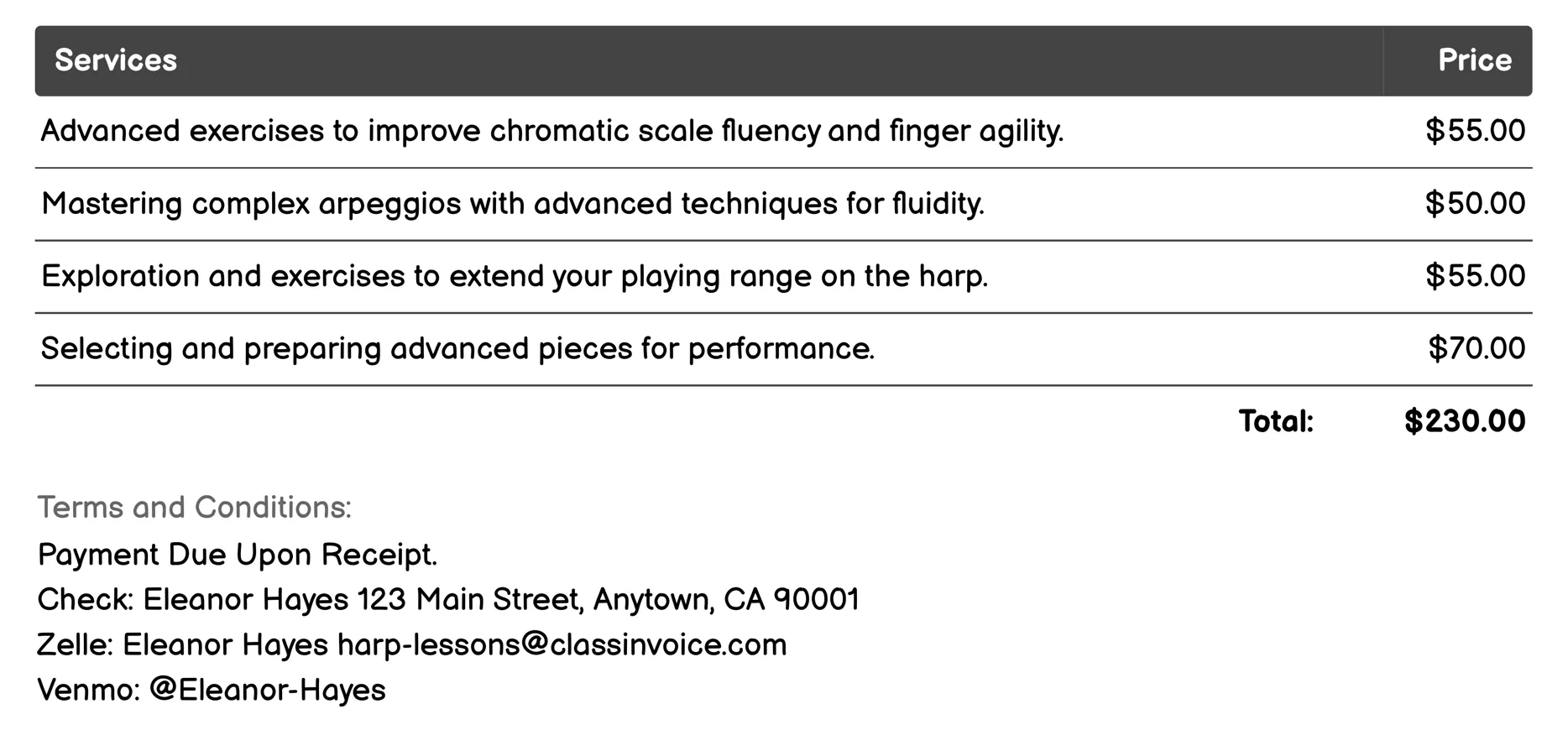 Advanced Harp Techniques Invoice Example