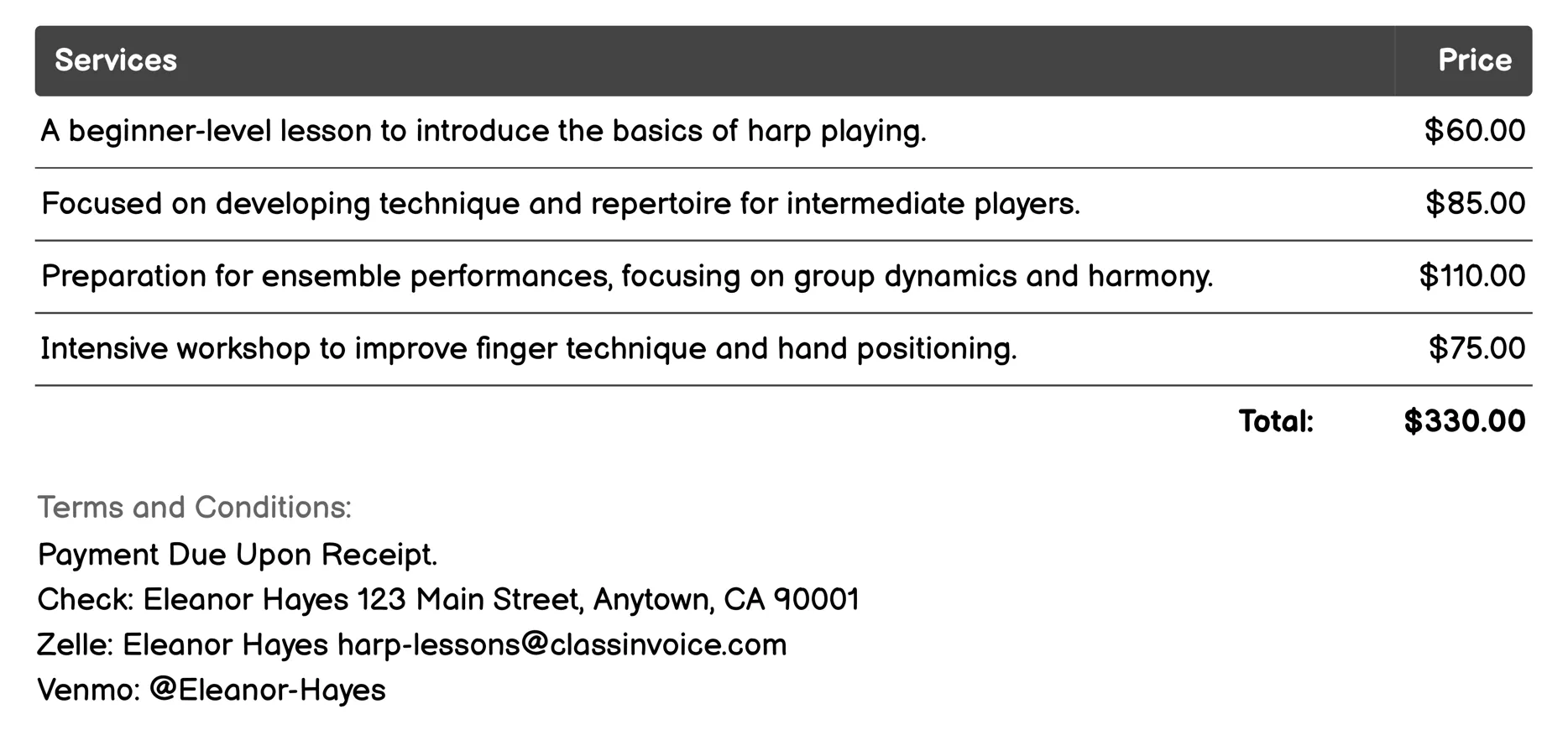 Group Harp Classes Invoice Example