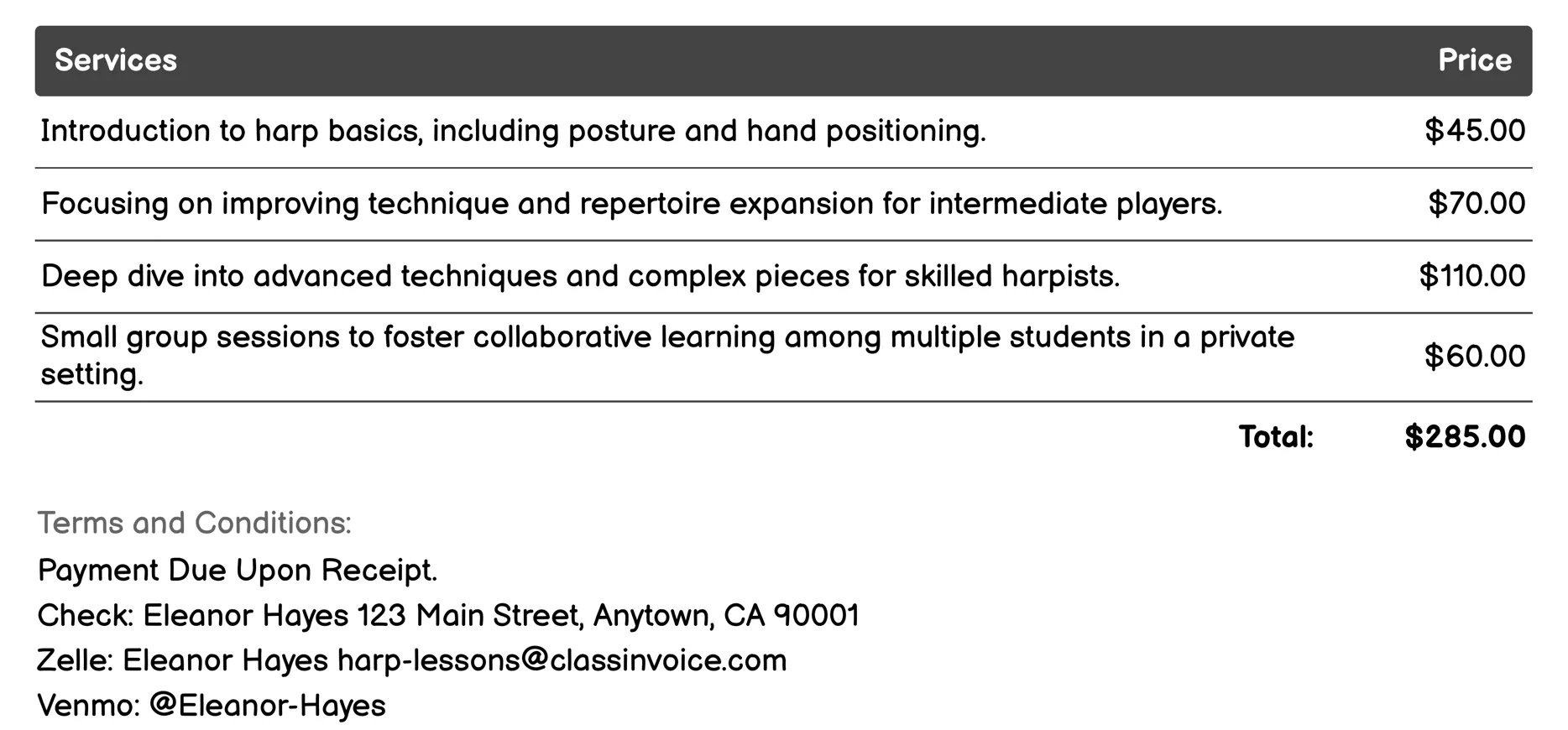 Private Harp Lessons Invoice Example