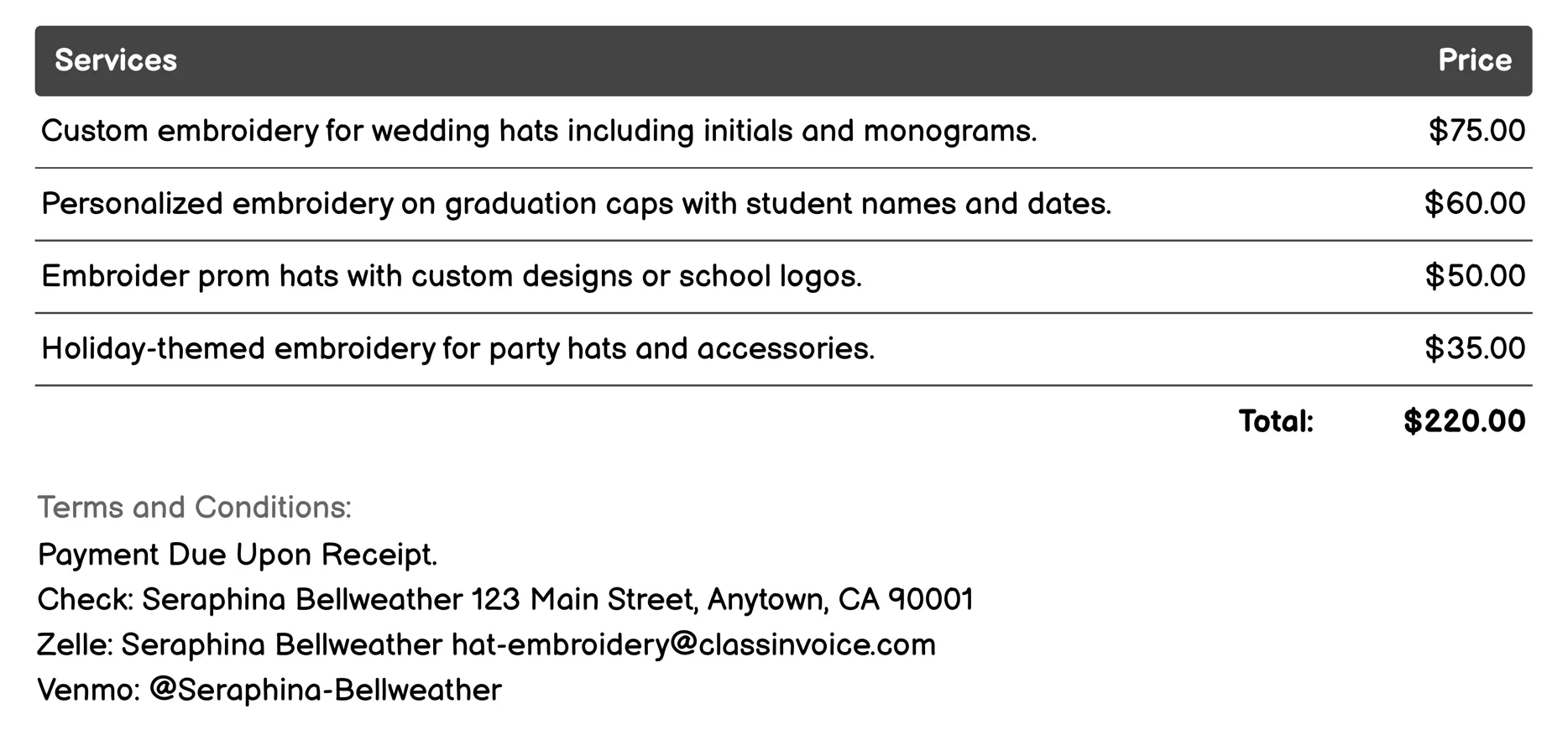 Event-Specific Embroidery Invoice Example