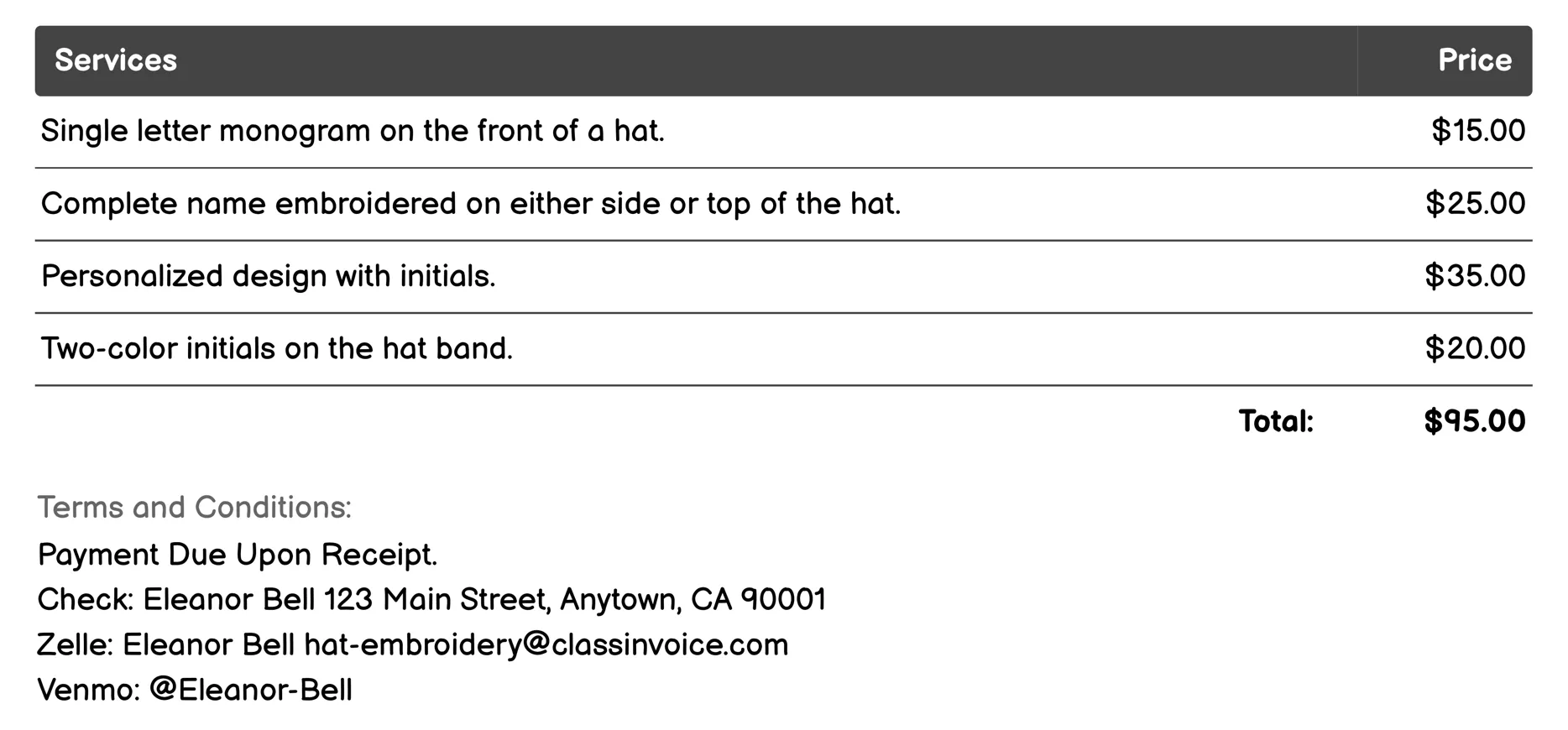 Monogramming Invoice Example