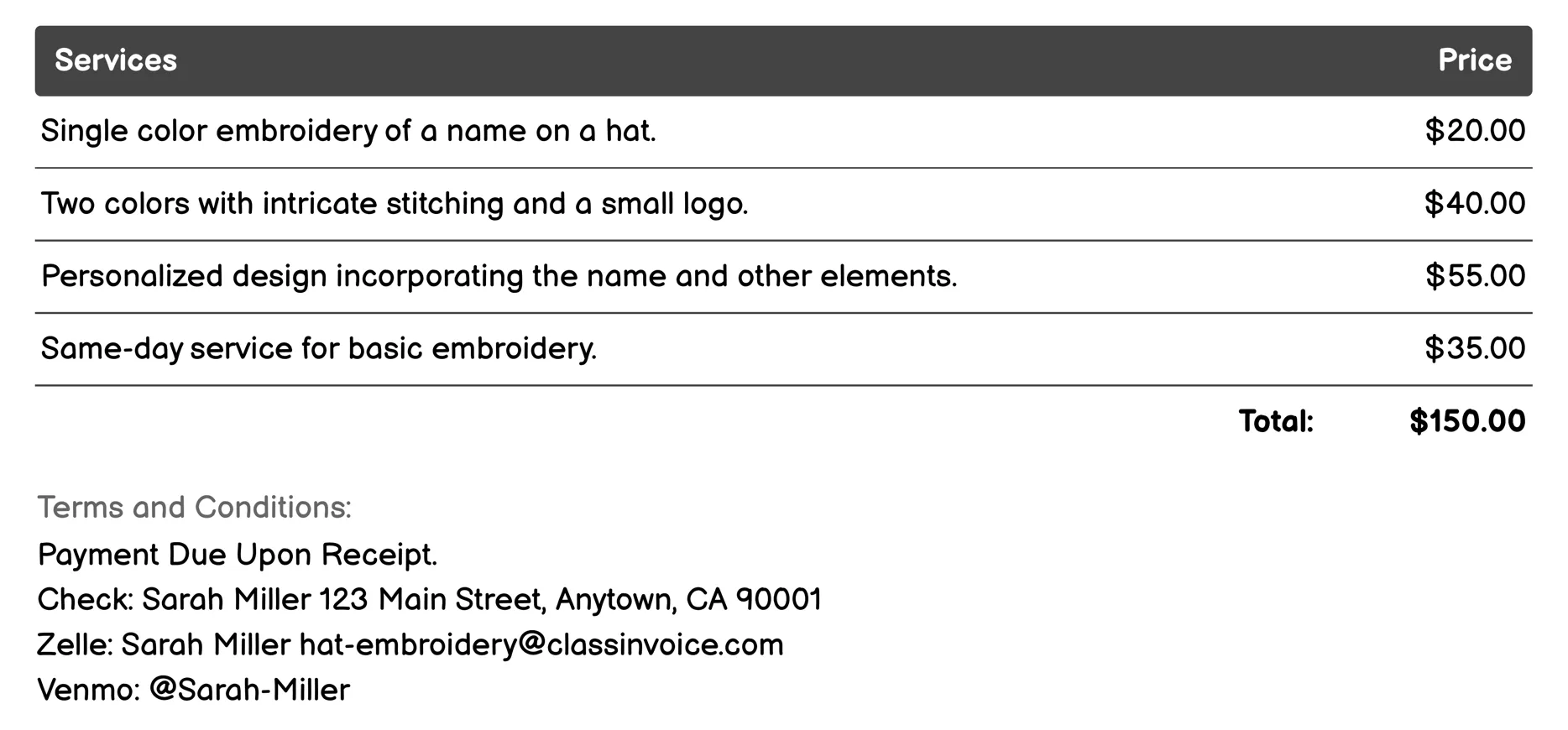 Name Embroidery Invoice Example