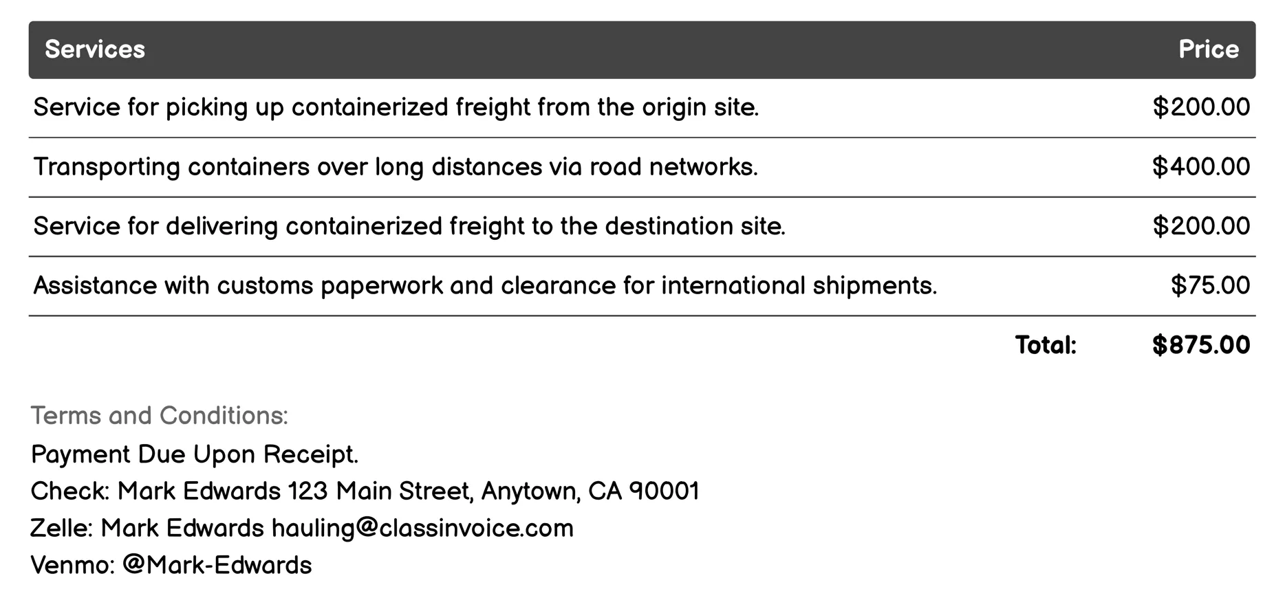 Containerized Freight Hauling Invoice Example