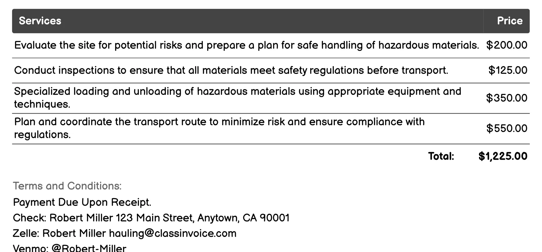 Hazardous Material Hauling Invoice Example