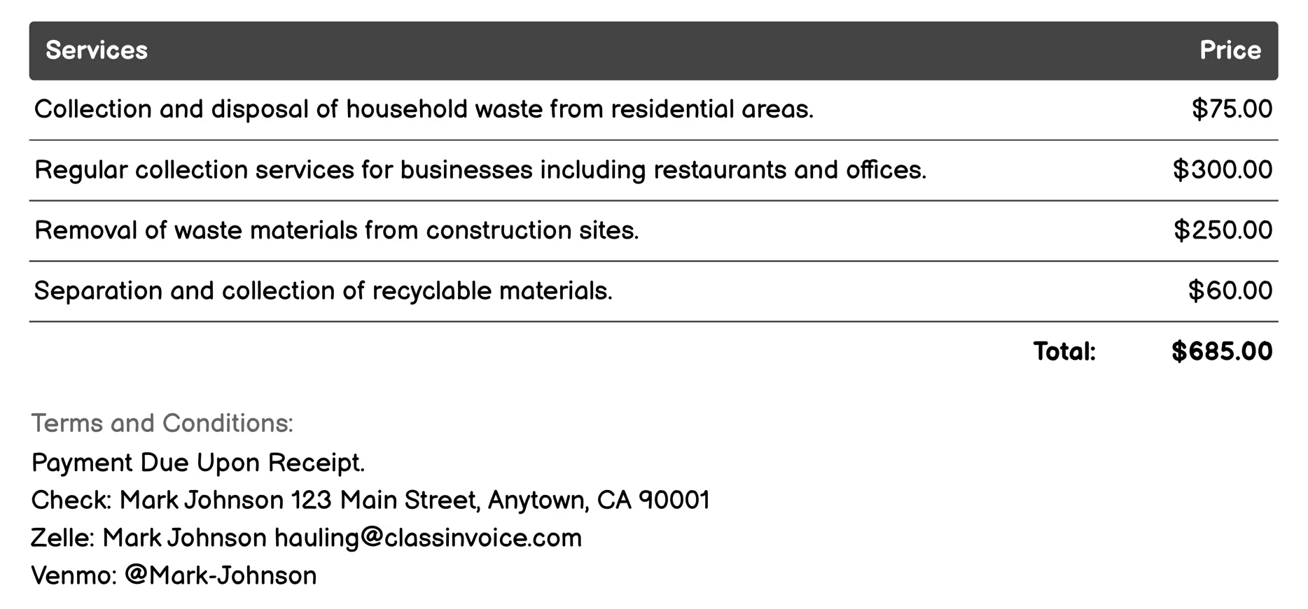 Waste Hauling Invoice Example