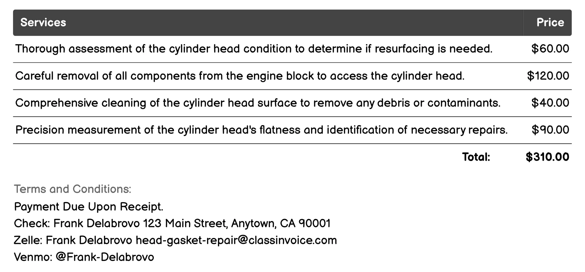 Cylinder Head Resurfacing Invoice Example