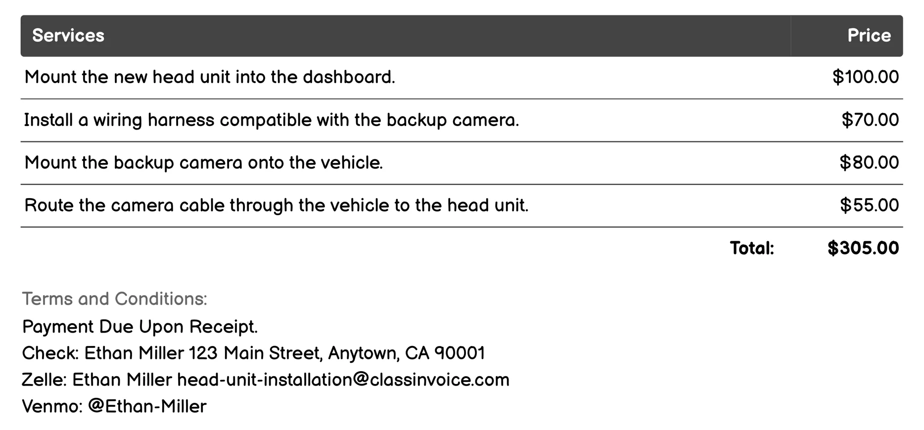 Backup Camera Installation Invoice Example