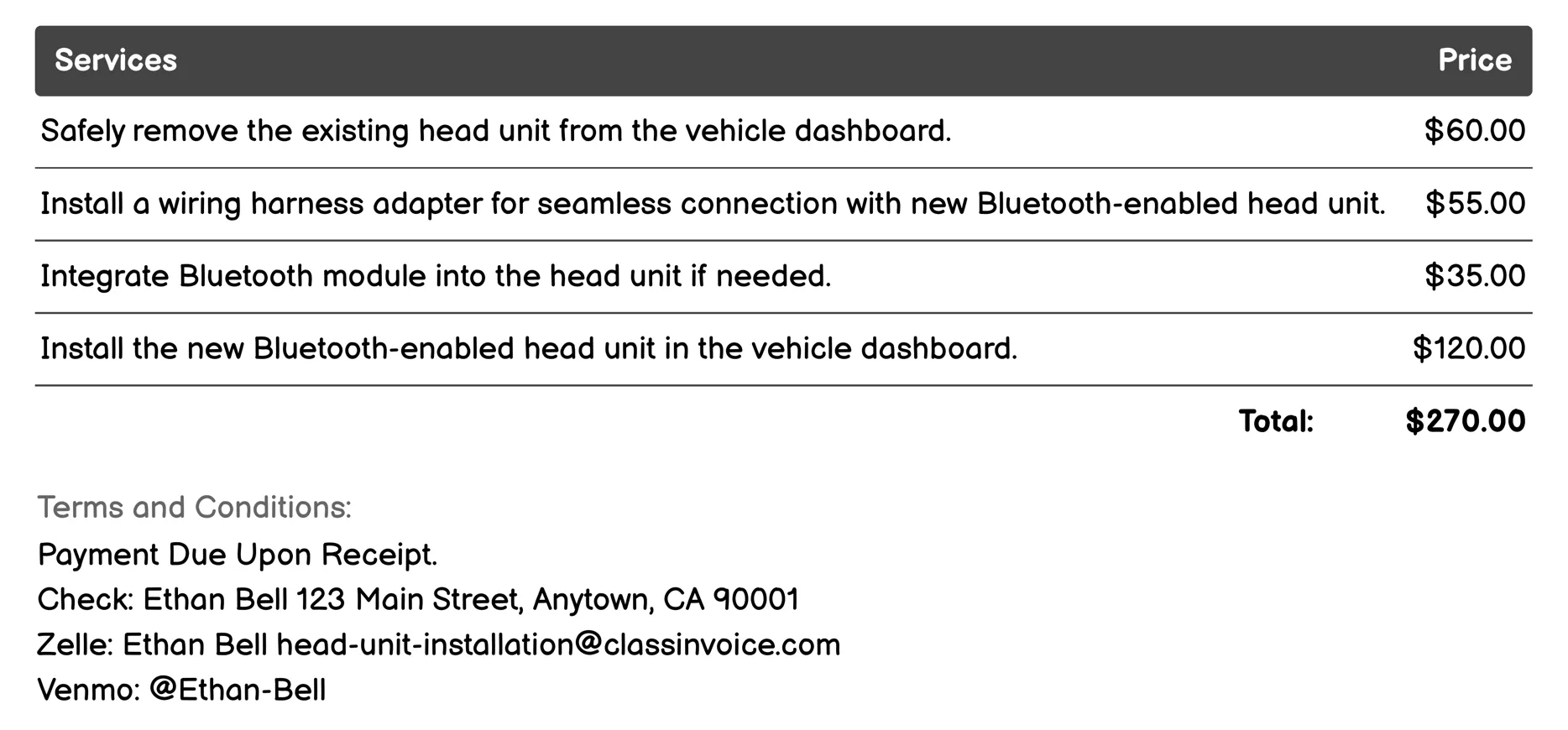 Bluetooth Audio Streaming Setup Invoice Example