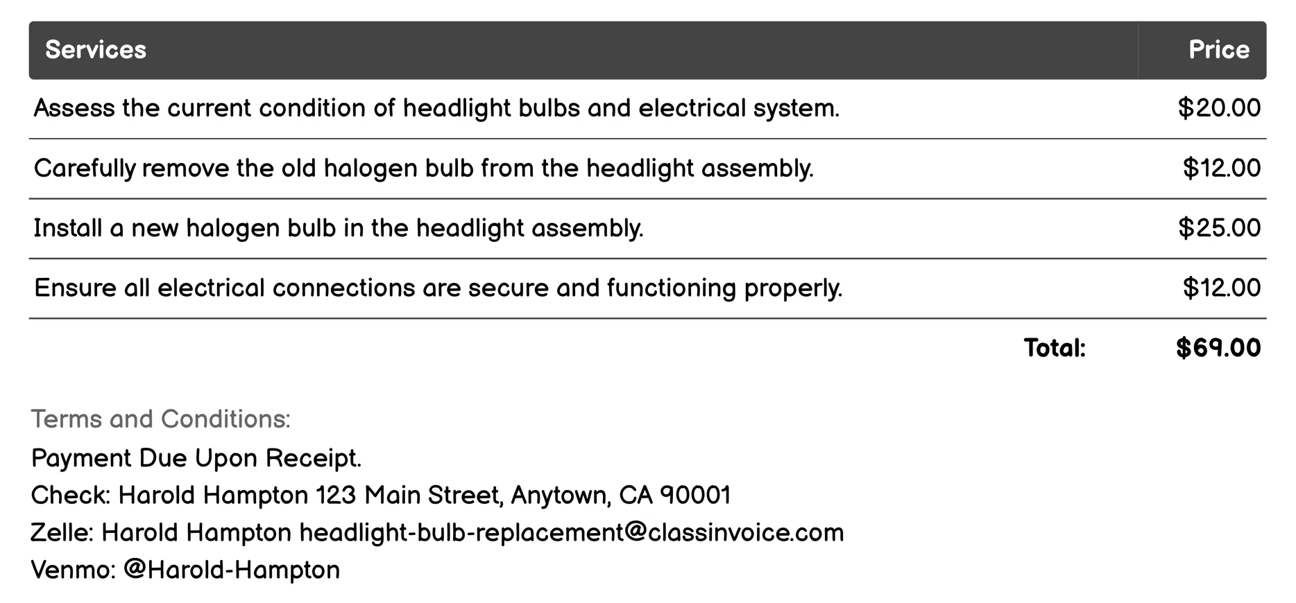 Halogen Headlight Bulb Replacement Invoice Example