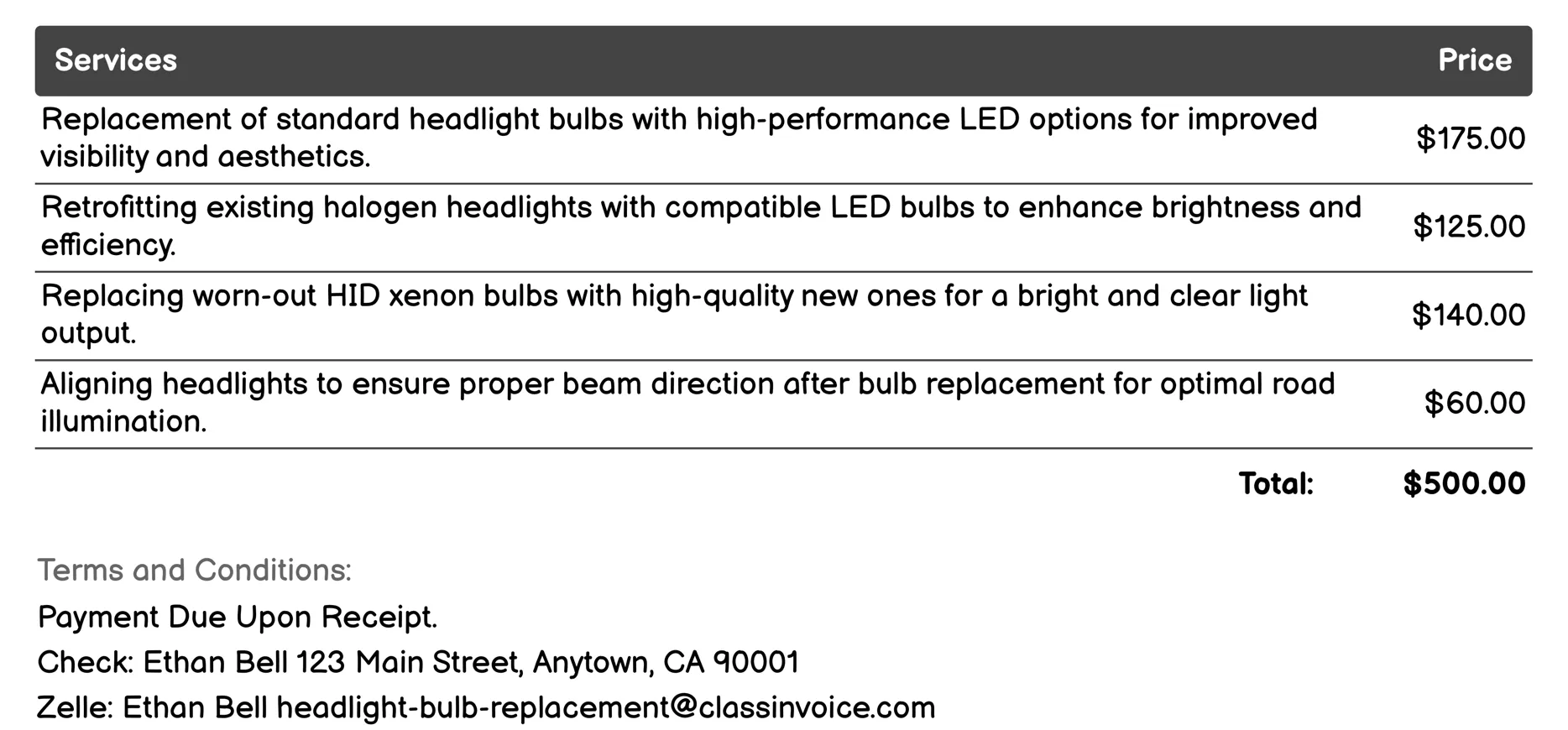 Headlight Retrofitting Services Invoice Example