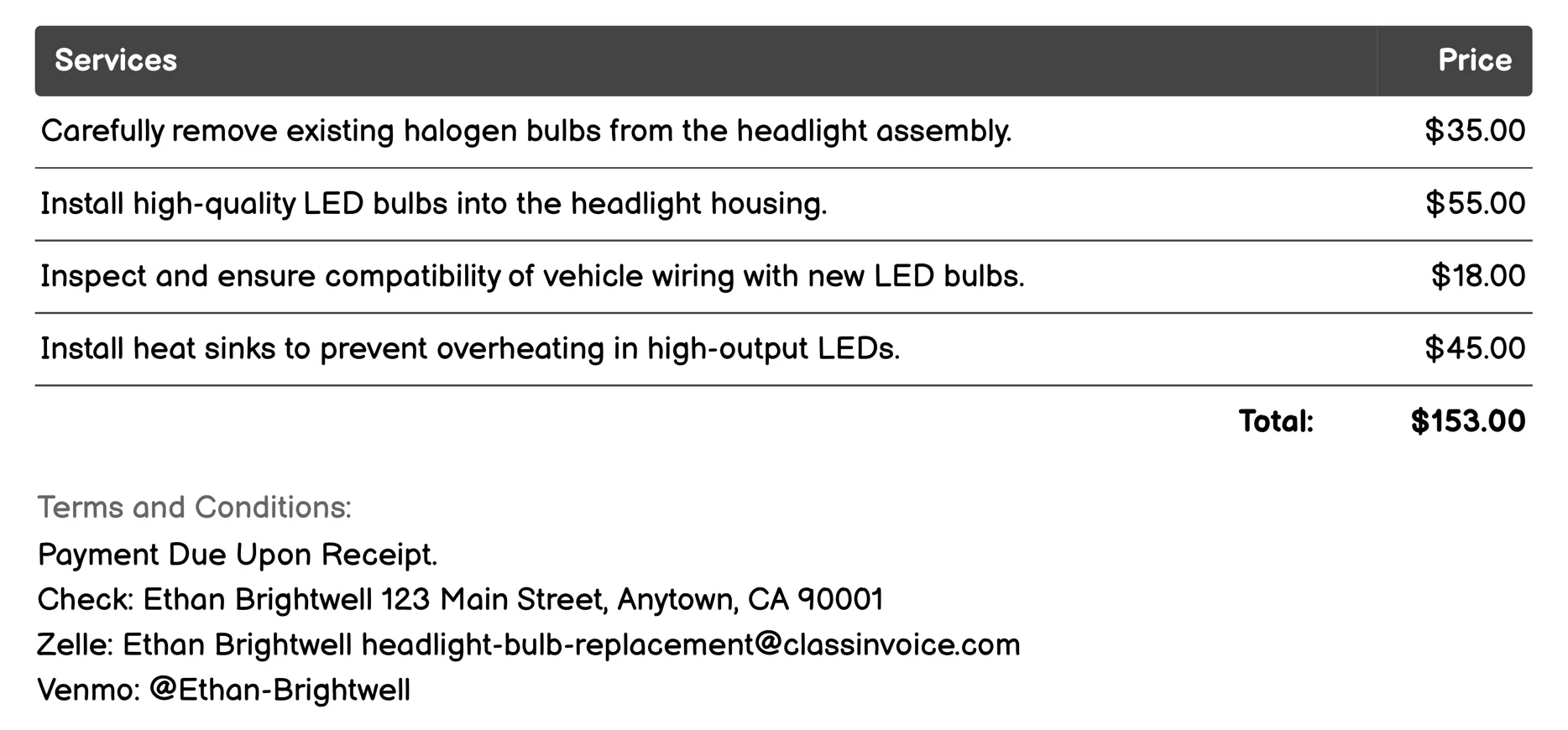 LED Headlight Bulb Upgrade Invoice Example