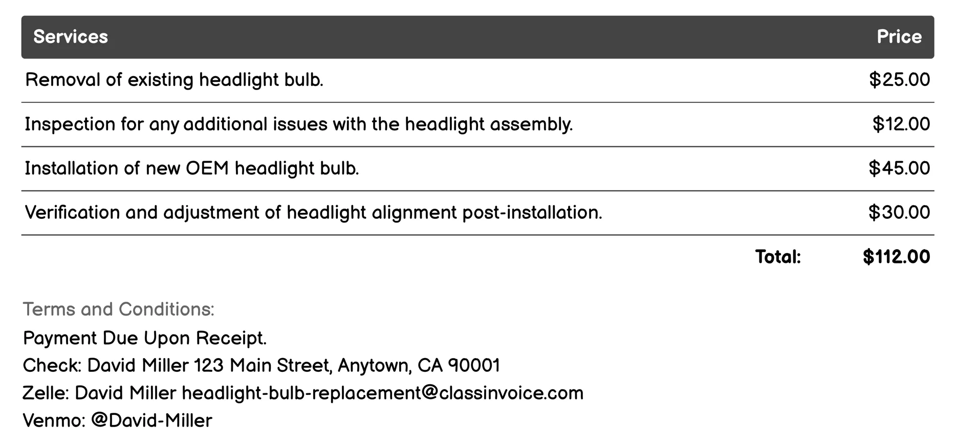 OEM Headlight Bulb Replacement Invoice Example