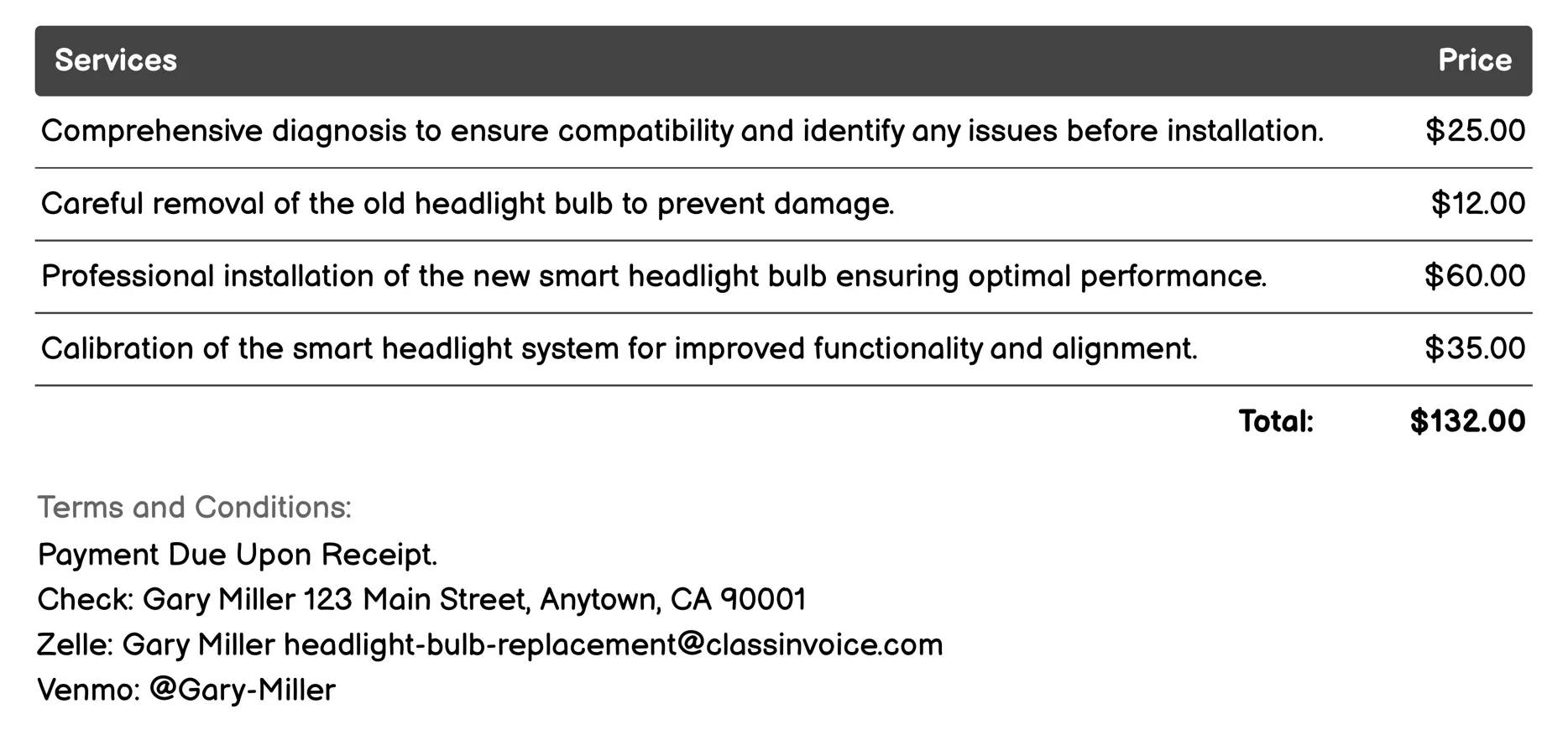 Smart Headlight Bulb Installation Invoice Example