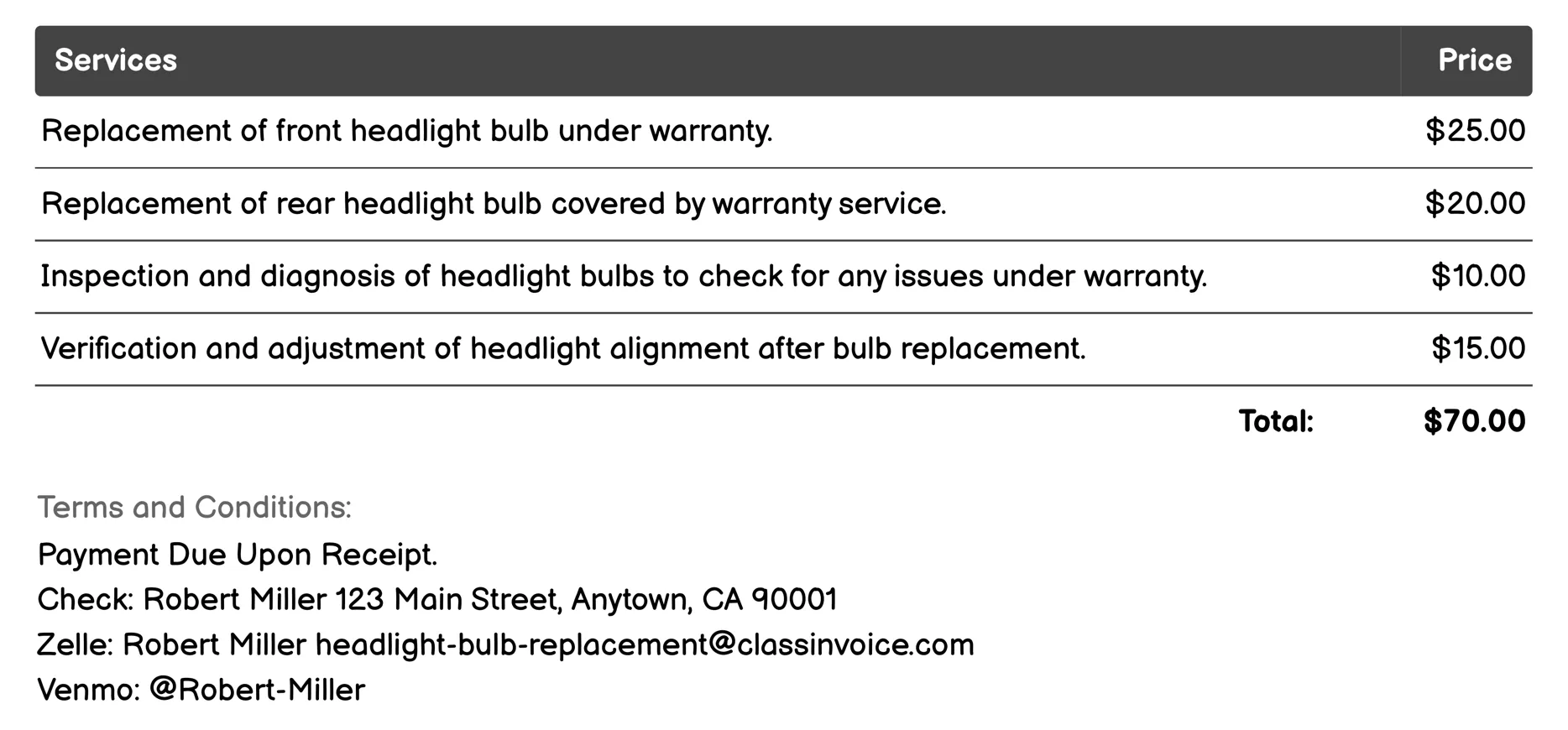 Warranty Service for Headlight Bulbs Invoice Example