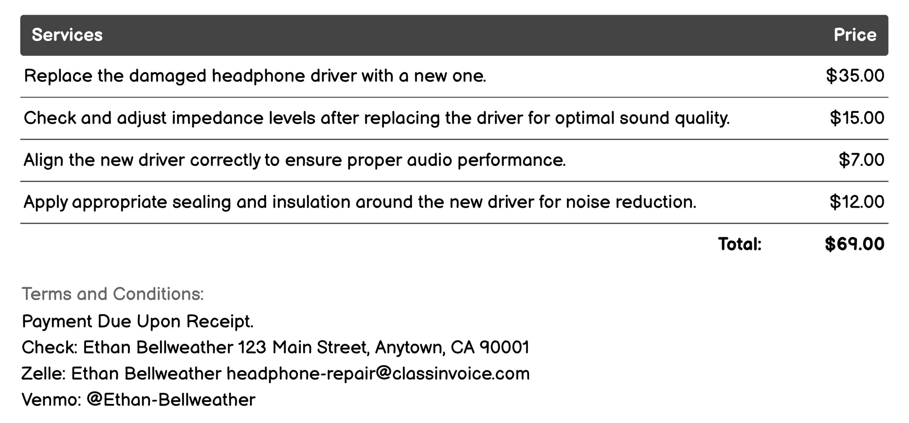 Driver Replacement Invoice Example