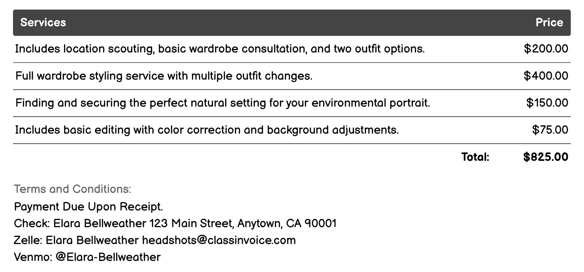 Environmental Portraits Invoice Example
