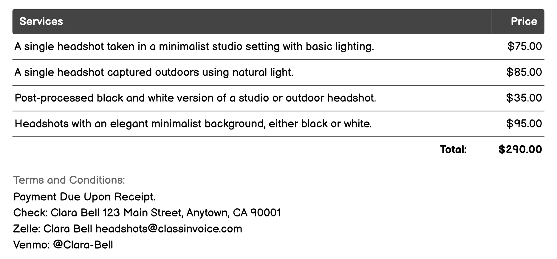 Minimalist Headshots Invoice Example