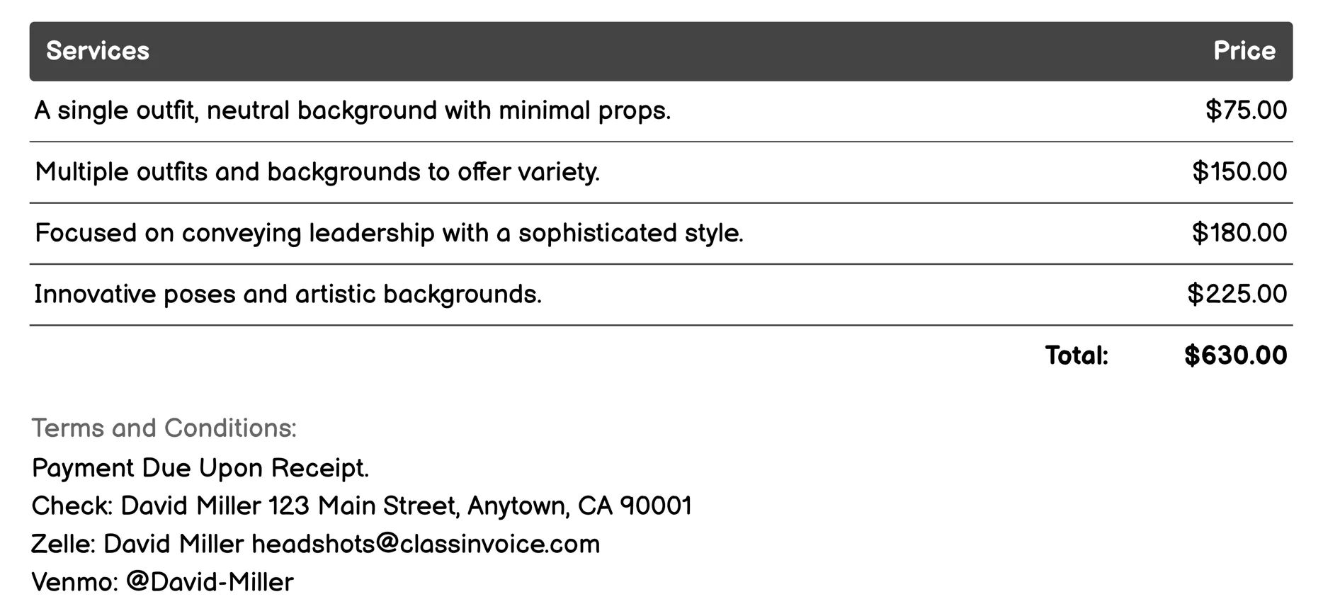 Professional Headshot Invoice Example