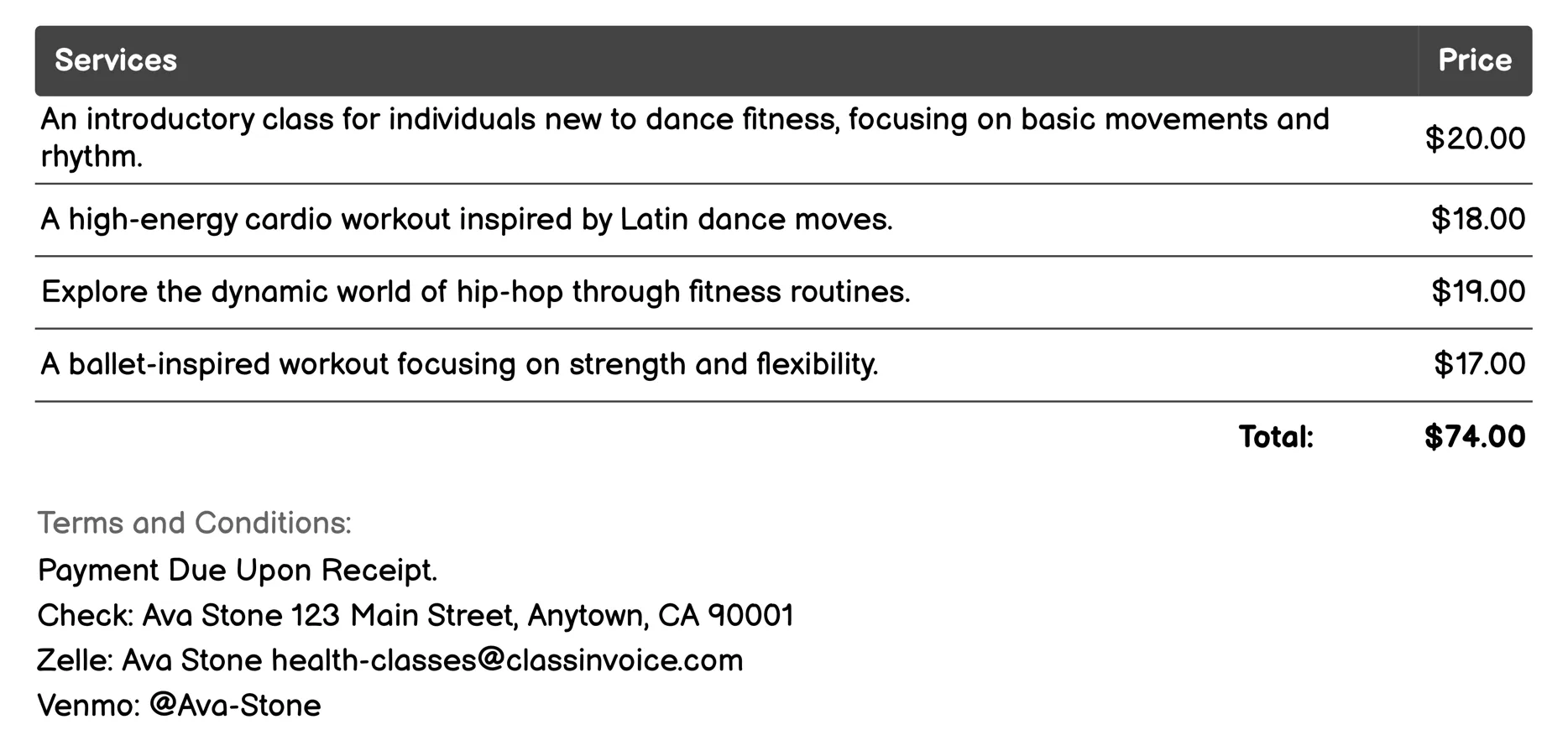 Dance Fitness Invoice Example