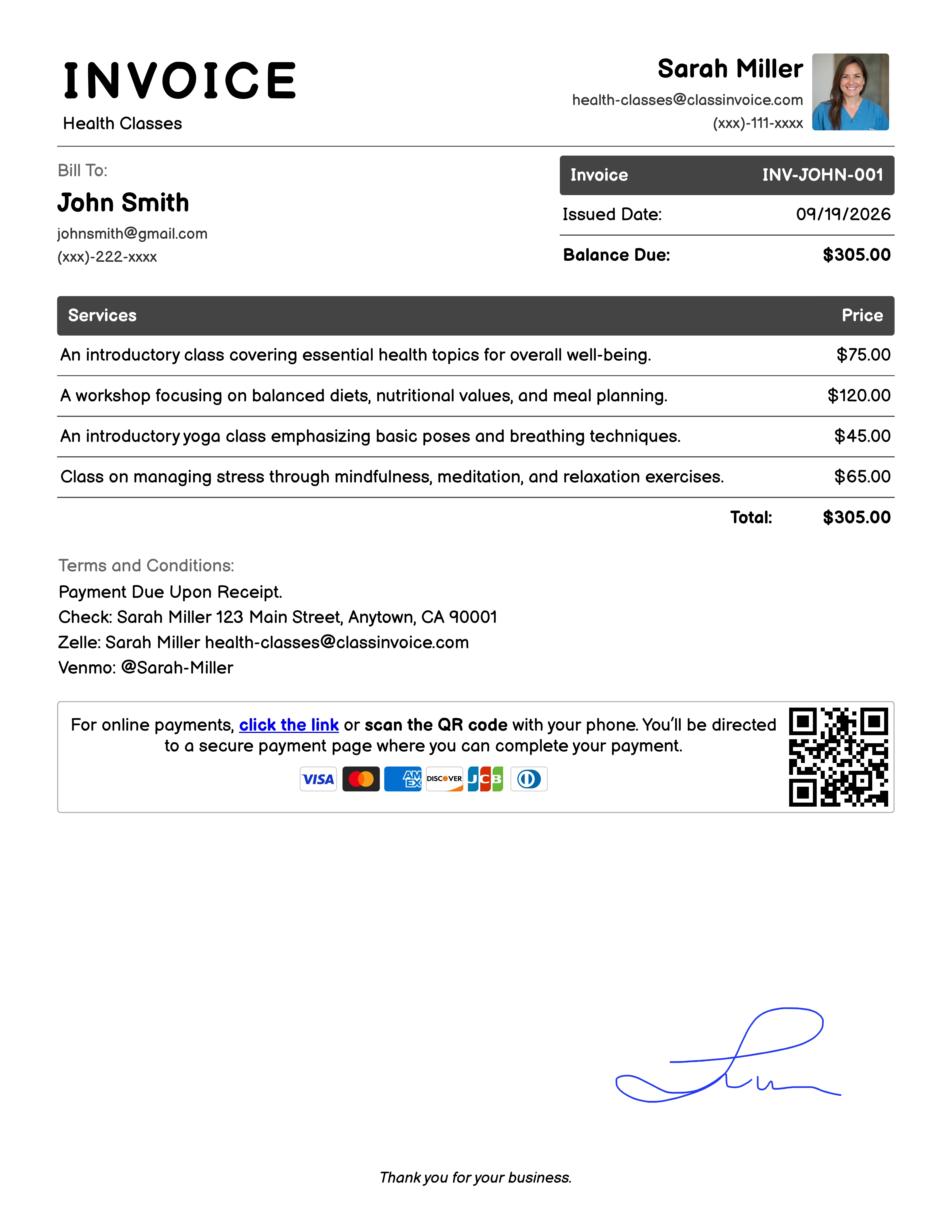 Health Classes Invoice Example