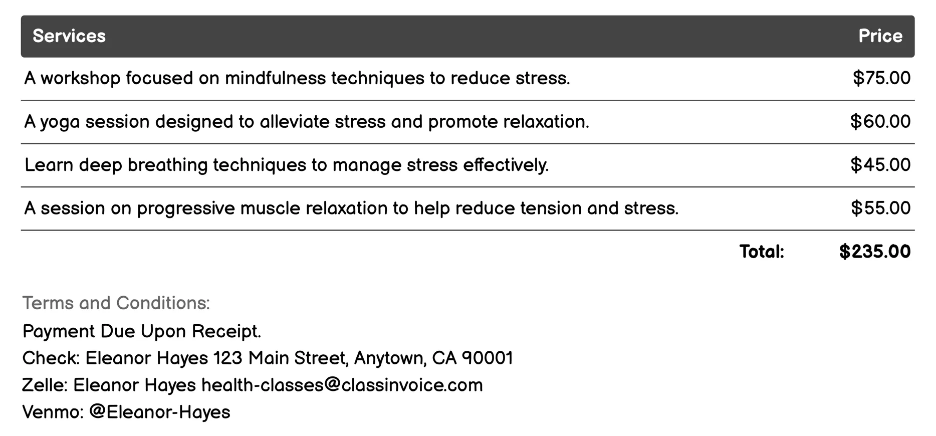 Stress Management Invoice Example
