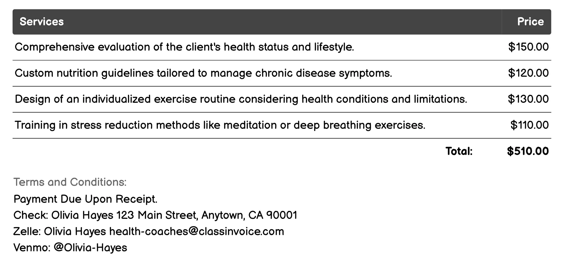 Chronic Disease Management Invoice Example
