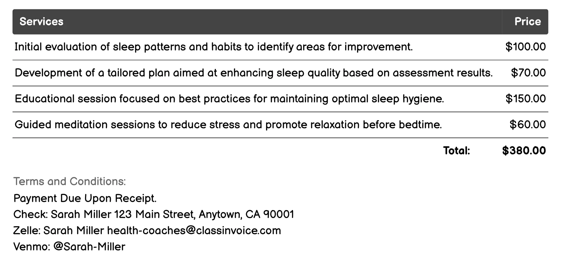 Sleep Improvement Invoice Example