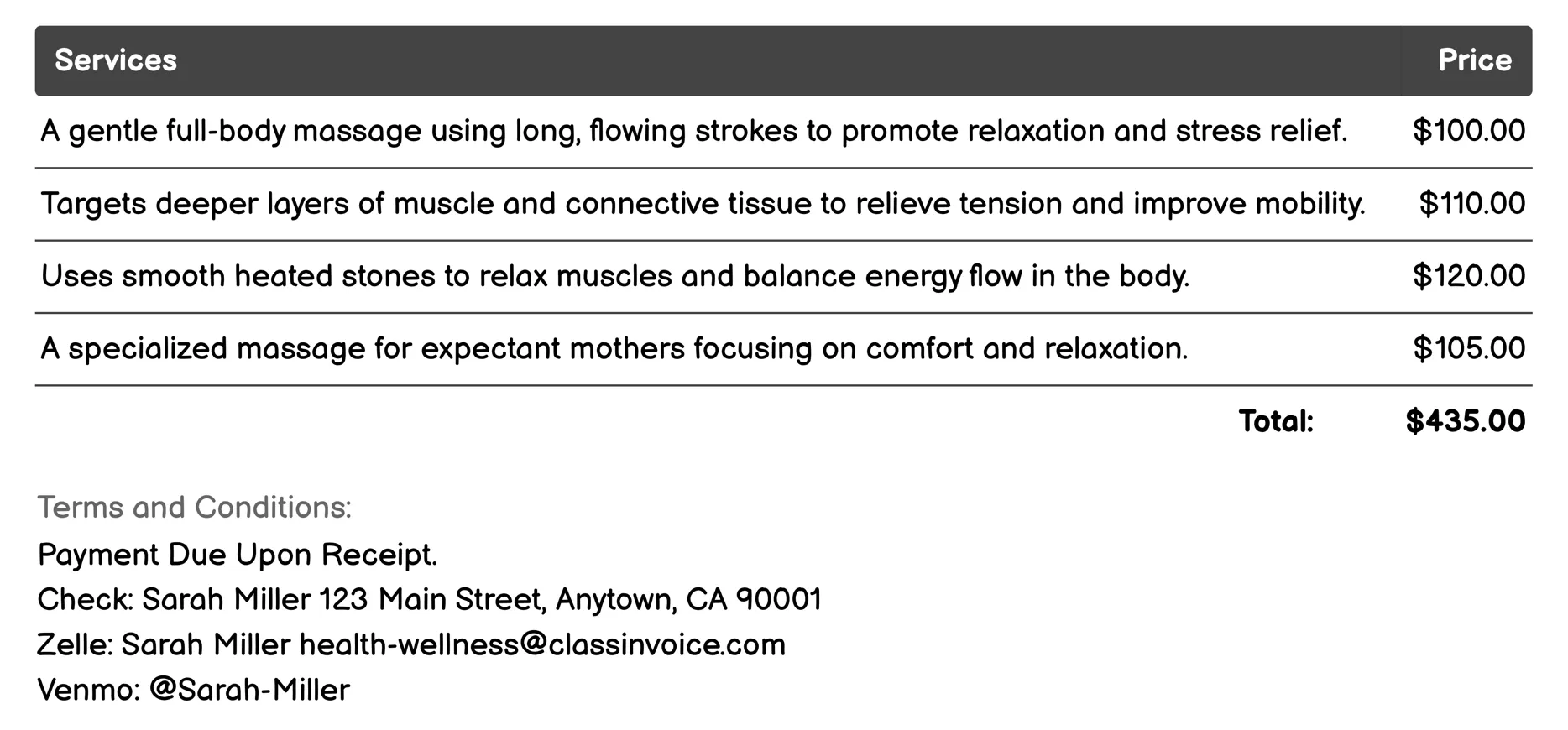 Massage Therapy Invoice Example