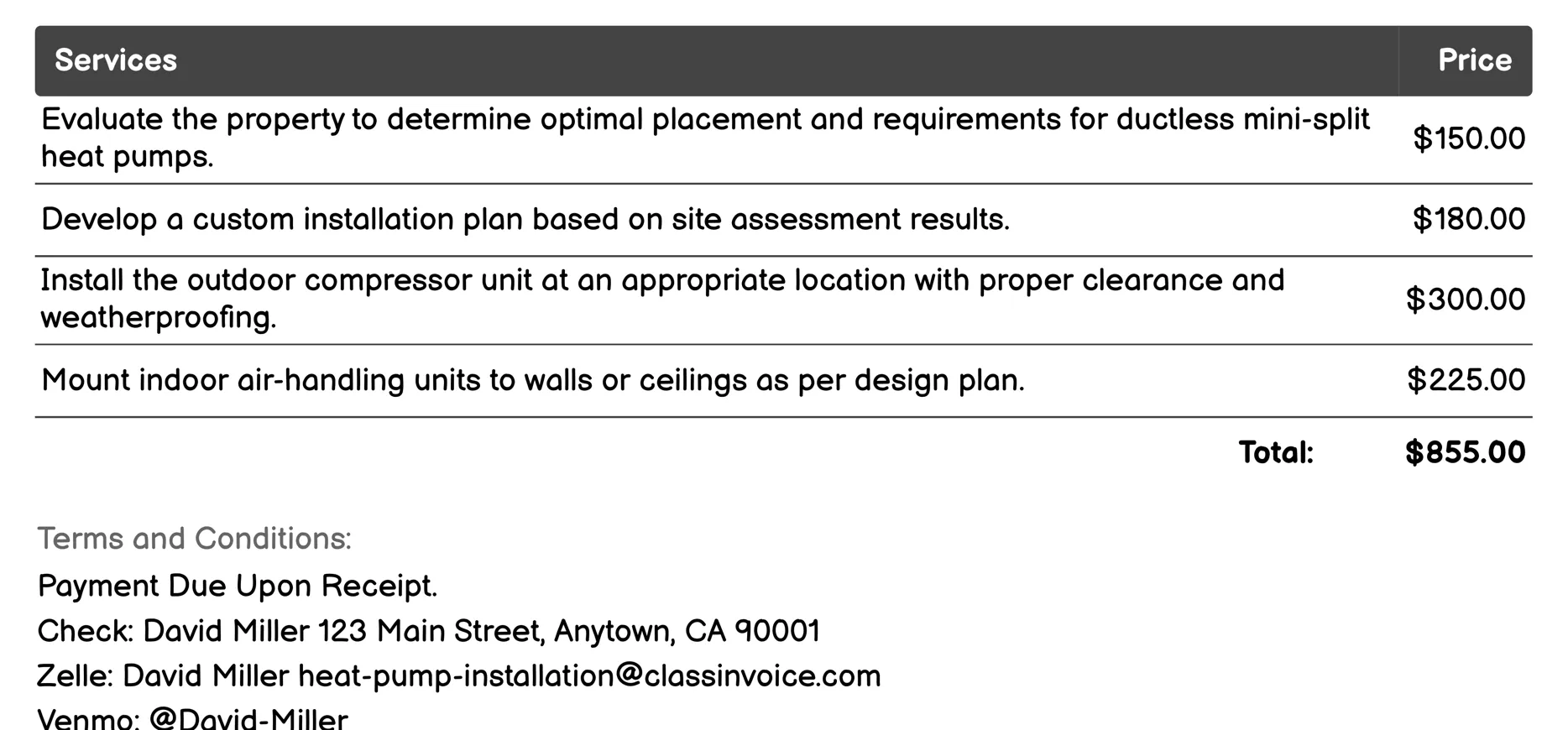 Ductless Mini-Split Heat Pump Installation Invoice Example