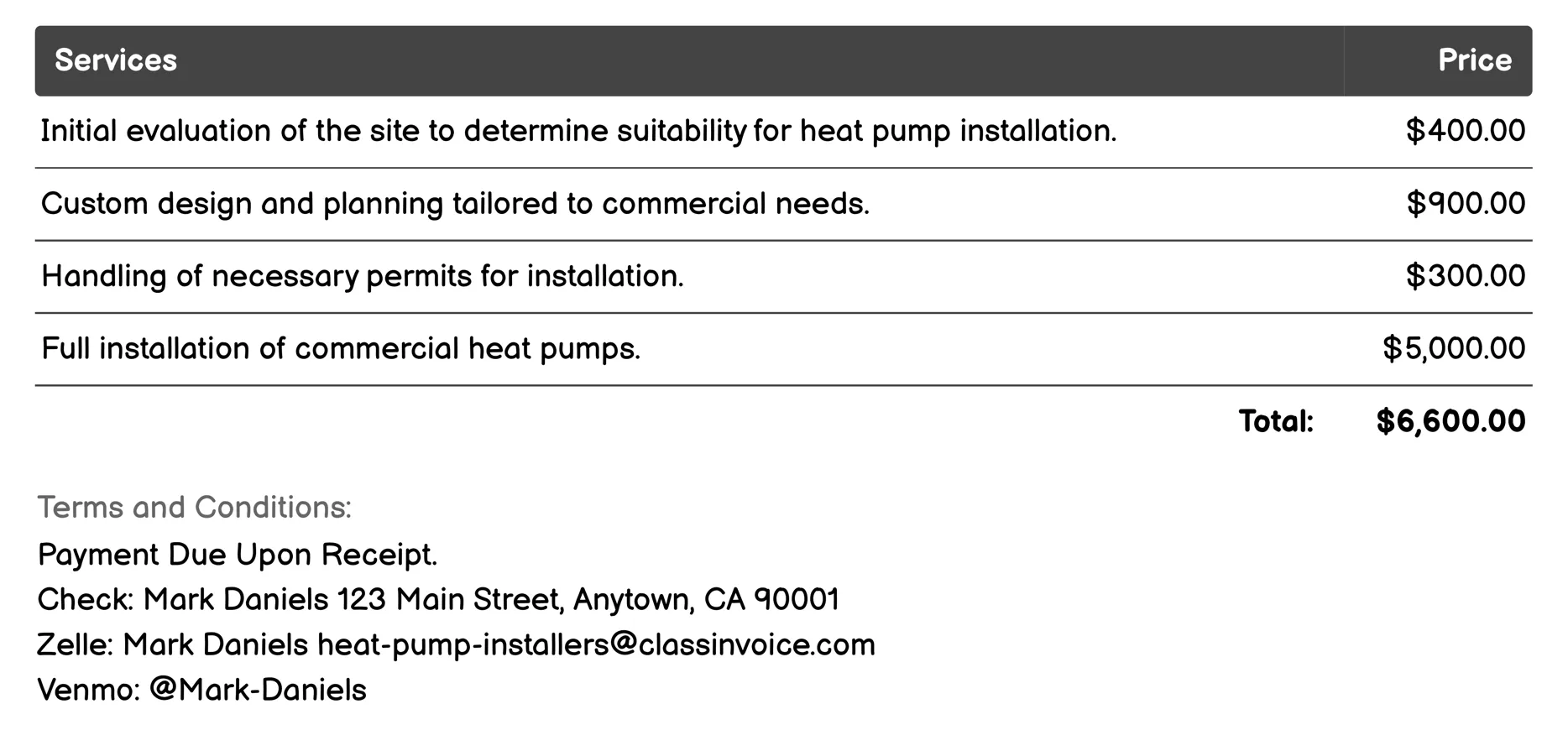 Commercial Heat Pump Installation Invoice Example