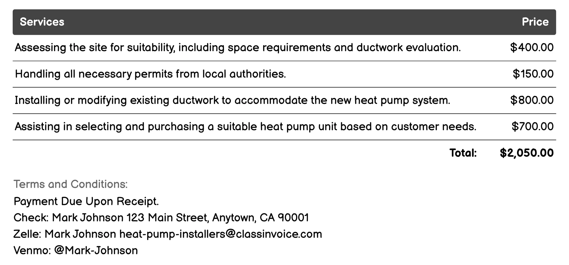 Residential Heat Pump Installation Invoice Example