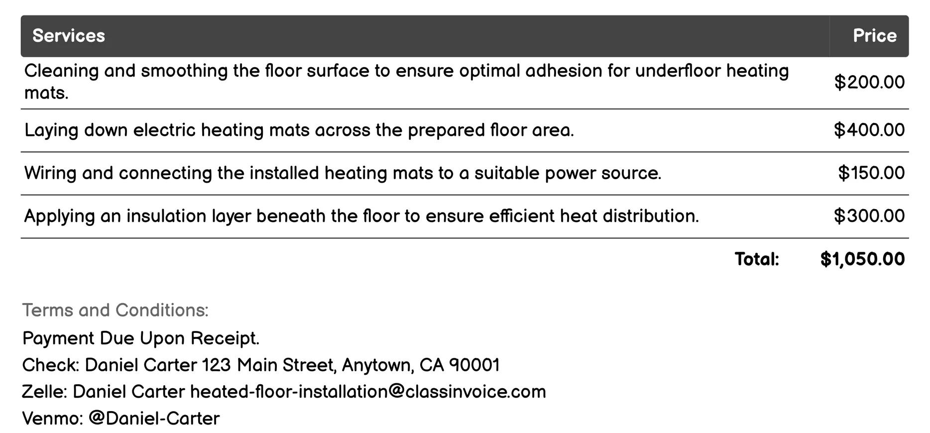 Carpet Underfloor Heating Invoice Example