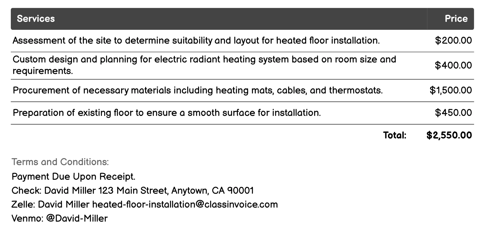 Electric Radiant Heating Invoice Example