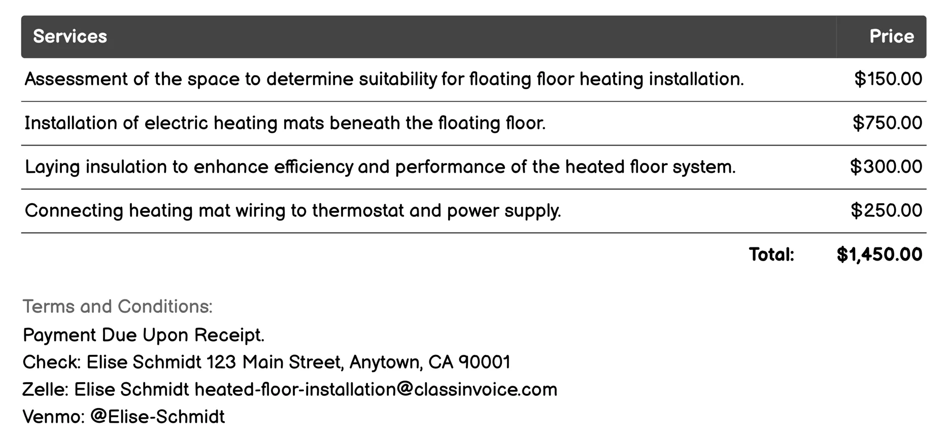 Floating Floor Heating Invoice Example