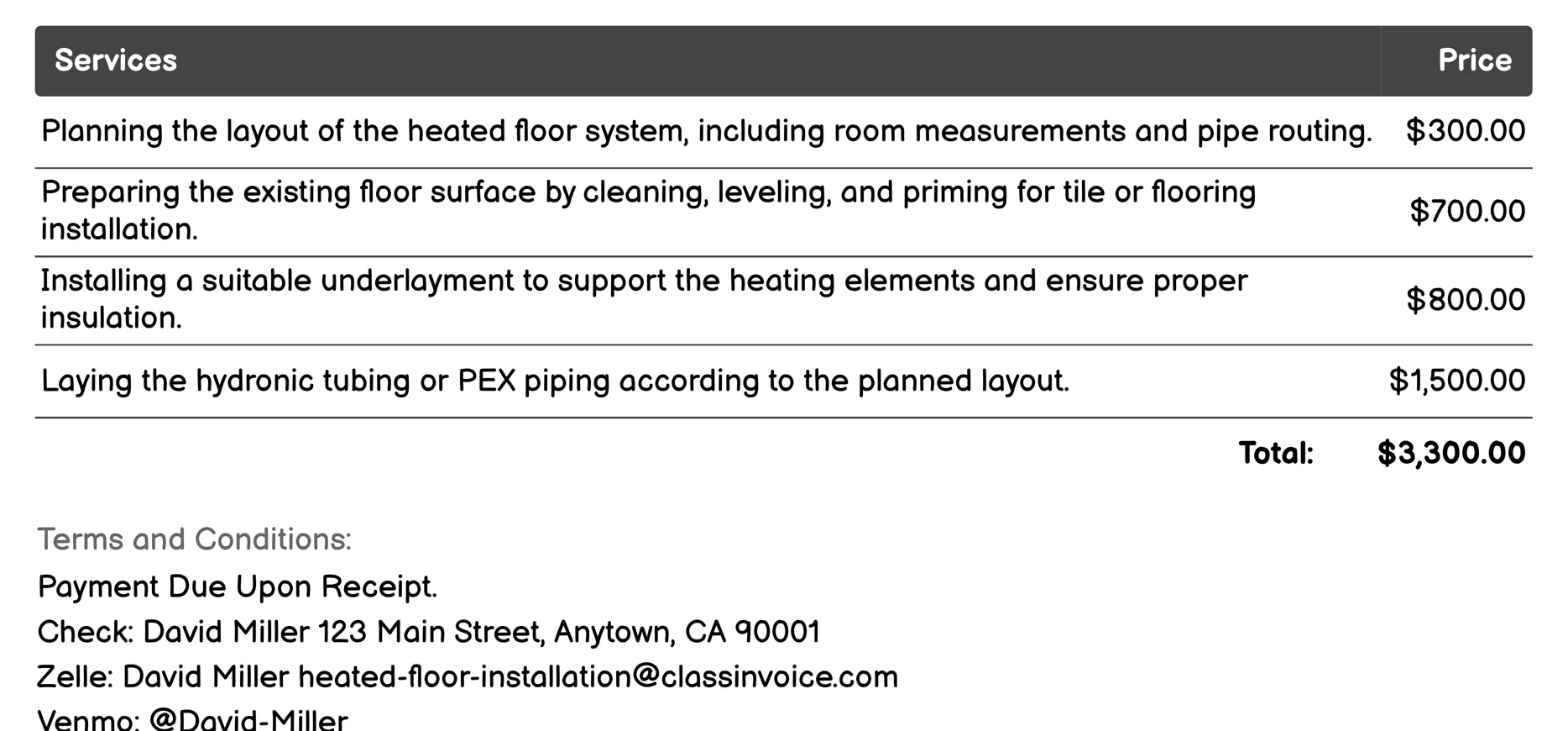 Hydronic (Water-Based) Heating Invoice Example