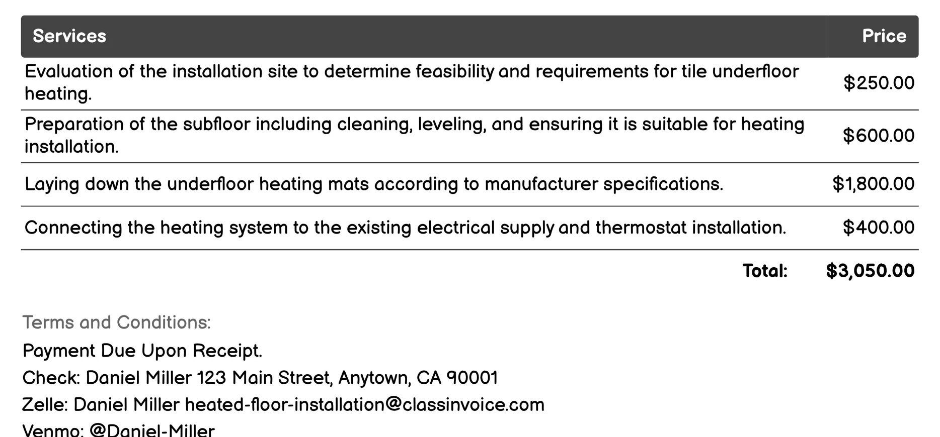 Tile Underfloor Heating Invoice Example