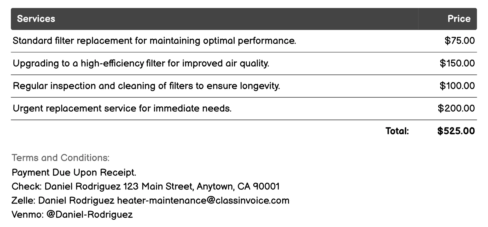 Filter Replacement Invoice Example