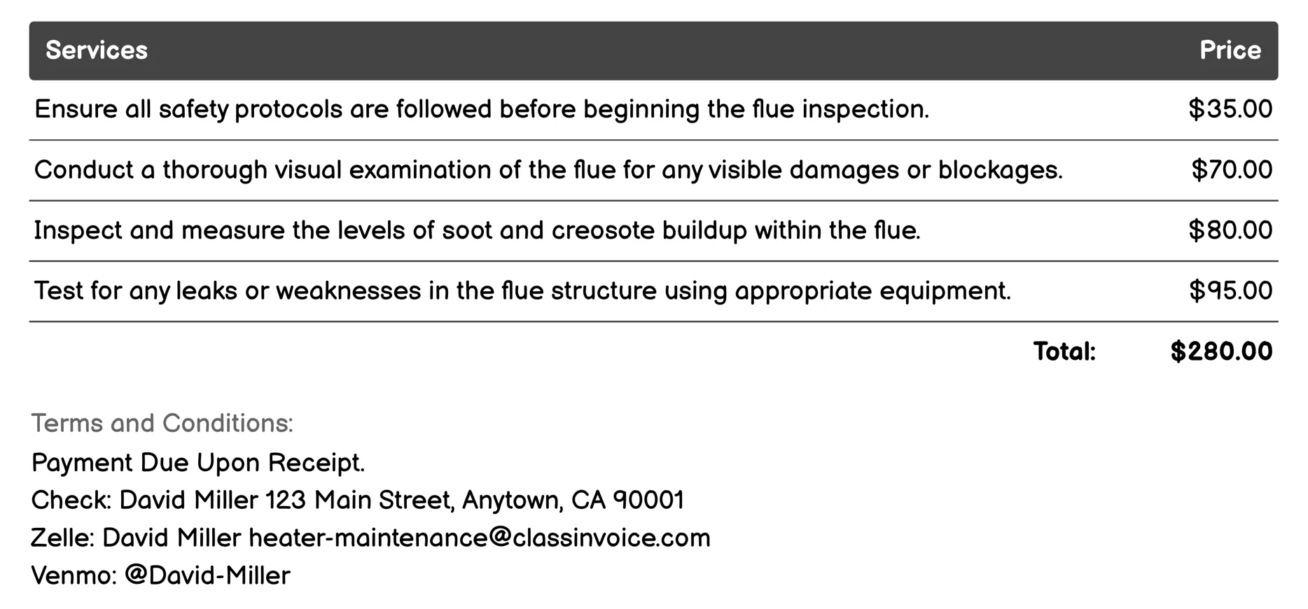 Flue Inspection Invoice Example