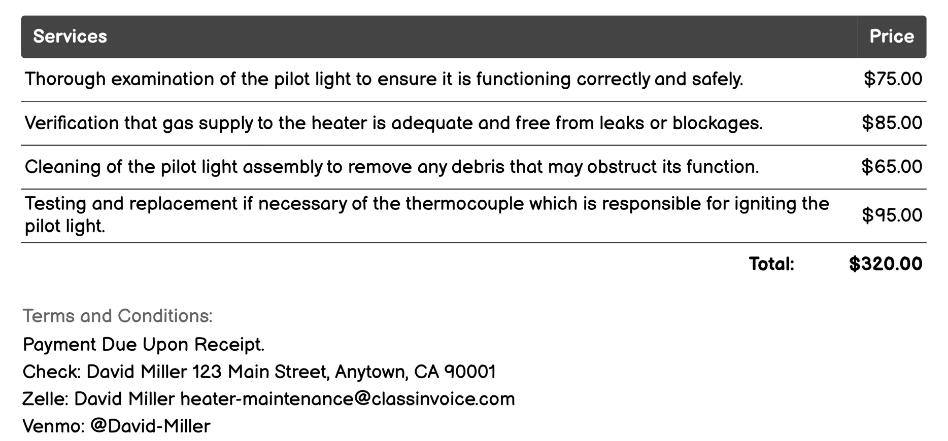 Pilot Light Check Invoice Example